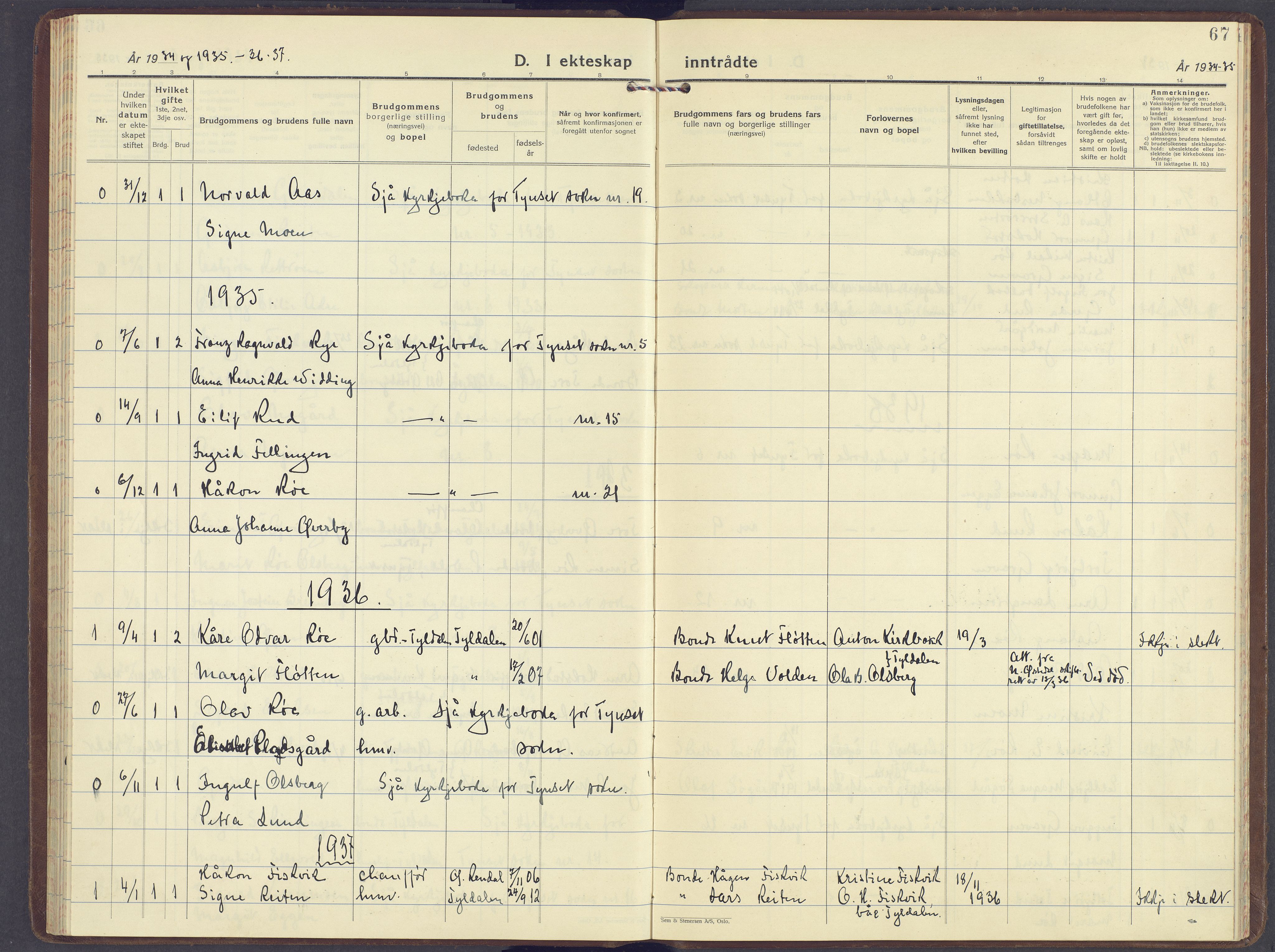 Tynset prestekontor, SAH/PREST-058/H/Ha/Haa/L0029: Ministerialbok nr. 29, 1930-1946, s. 67