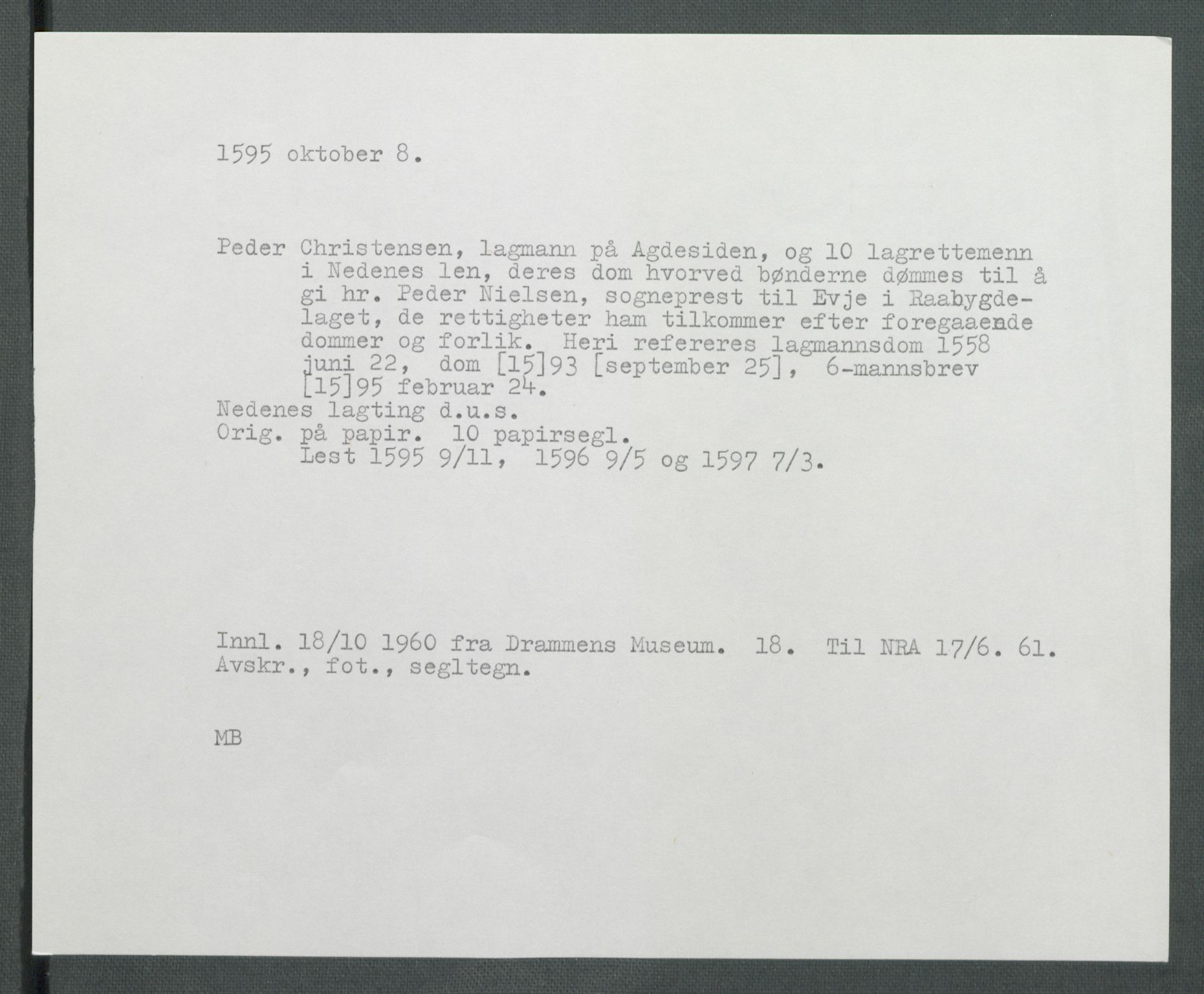 Riksarkivets diplomsamling, AV/RA-EA-5965/F02/L0100: Dokumenter, 1595, s. 48
