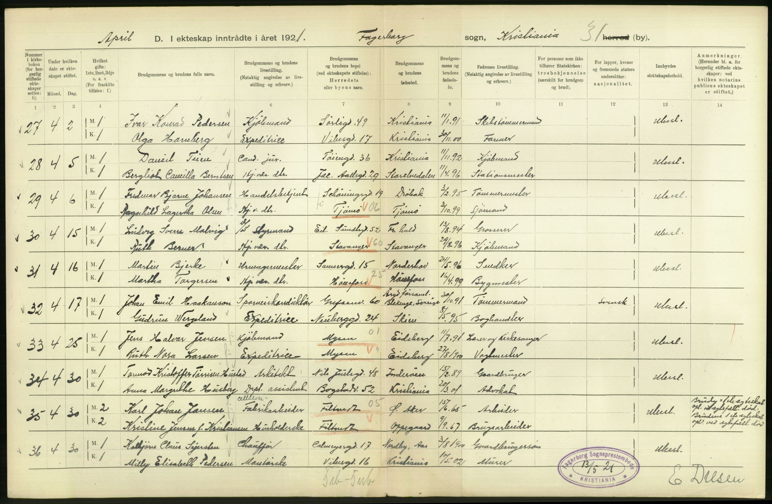 Statistisk sentralbyrå, Sosiodemografiske emner, Befolkning, AV/RA-S-2228/D/Df/Dfc/Dfca/L0011: Kristiania: Gifte, 1921, s. 266