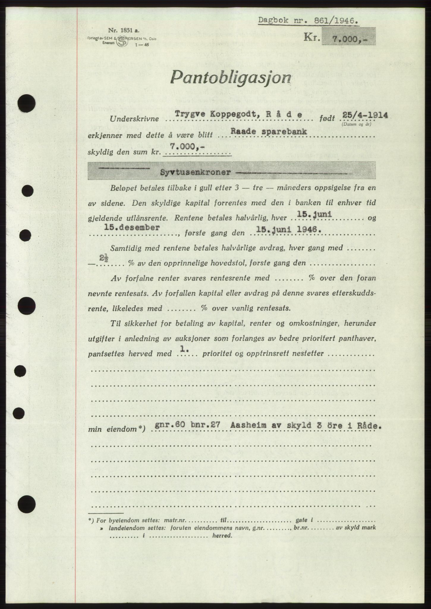 Moss sorenskriveri, SAO/A-10168: Pantebok nr. B15, 1946-1946, Dagboknr: 861/1946
