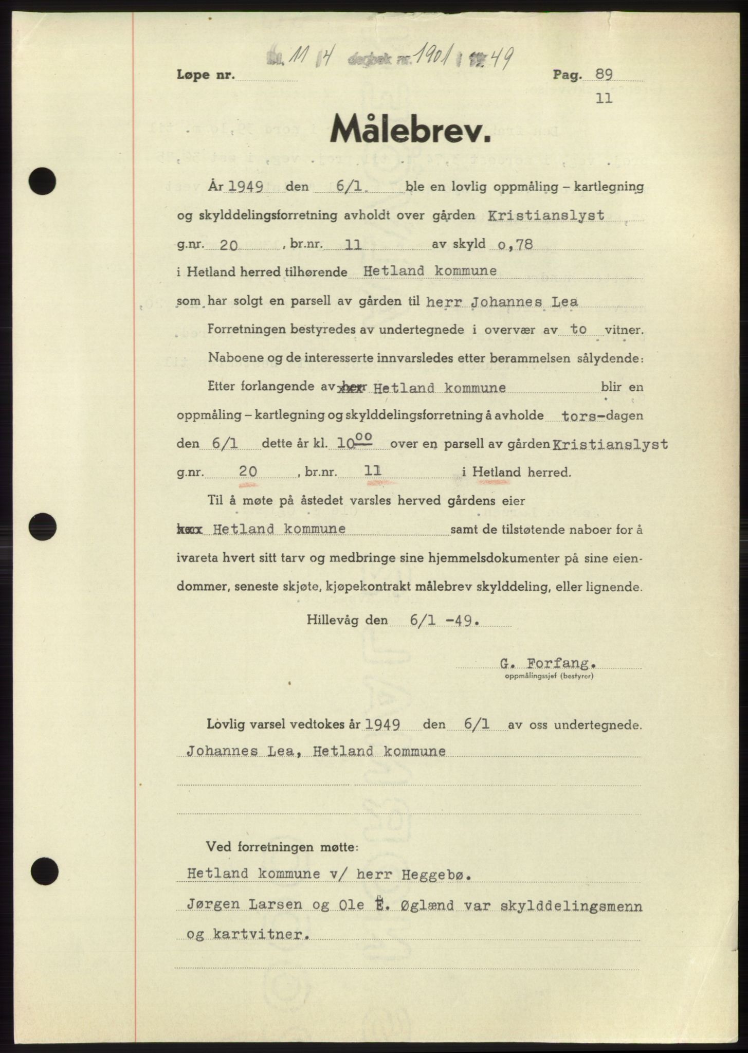 Jæren sorenskriveri, SAST/A-100310/03/G/Gba/L0102: Pantebok, 1949-1949, Dagboknr: 1901/1949
