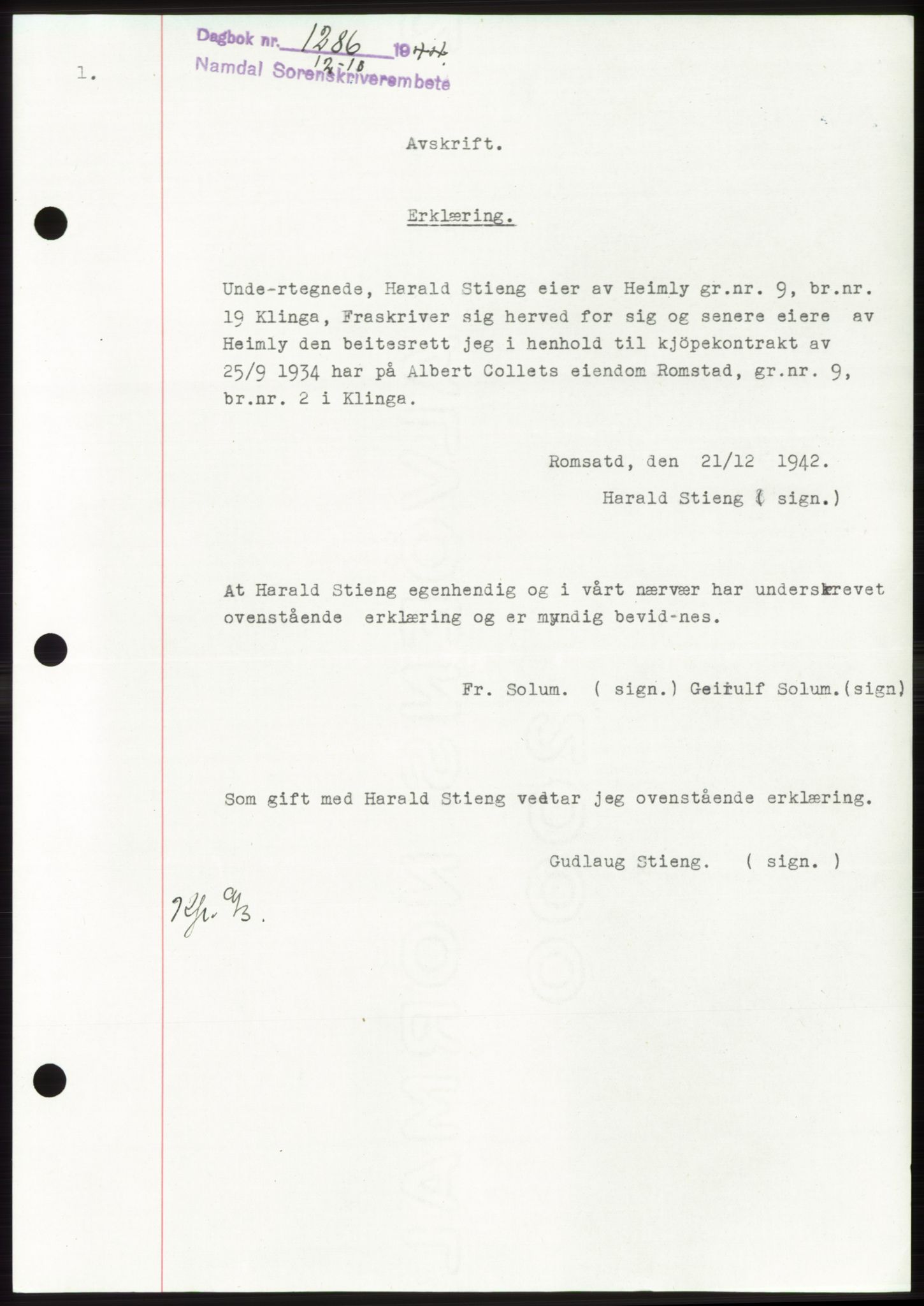 Namdal sorenskriveri, SAT/A-4133/1/2/2C: Pantebok nr. -, 1944-1945, Dagboknr: 1286/1944