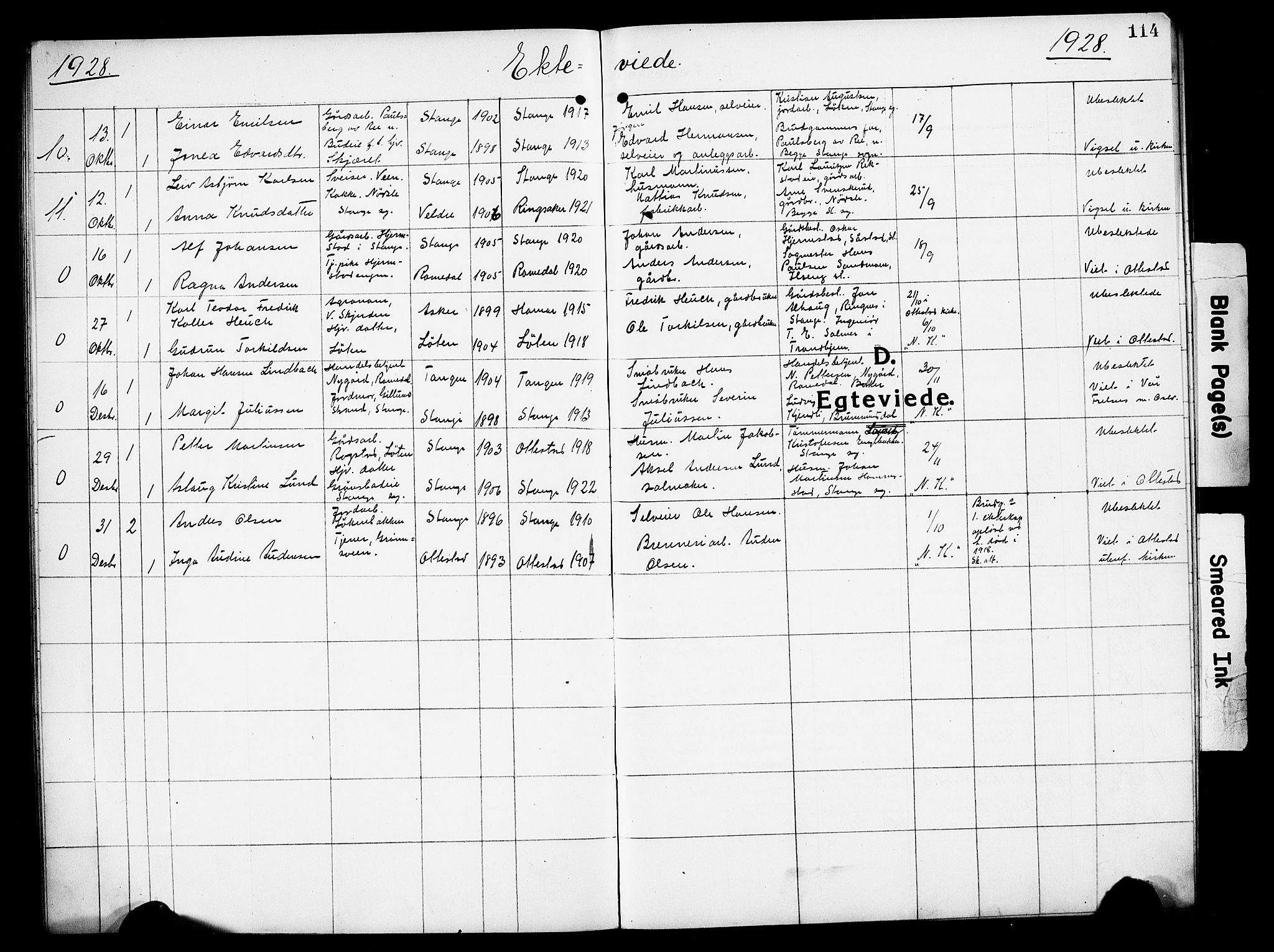 Stange prestekontor, AV/SAH-PREST-002/L/L0016: Klokkerbok nr. 16, 1918-1928, s. 114