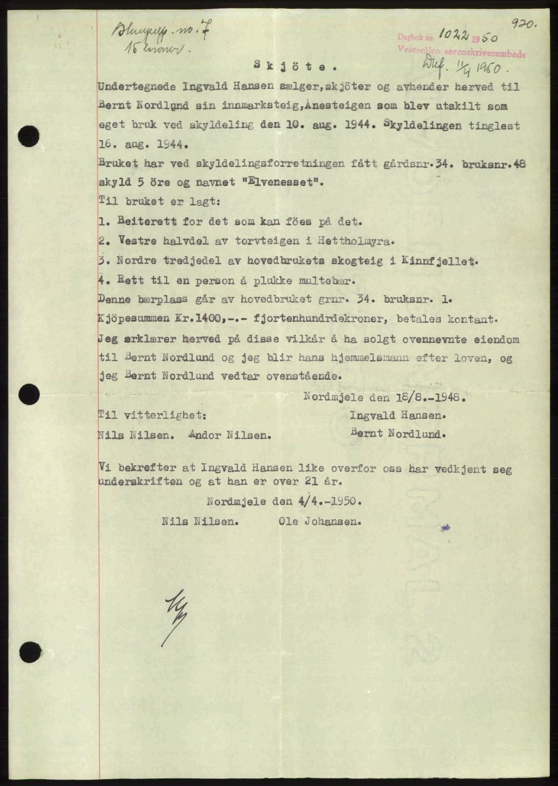 Vesterålen sorenskriveri, AV/SAT-A-4180/1/2/2Ca: Pantebok nr. A27, 1949-1950, Dagboknr: 1022/1950