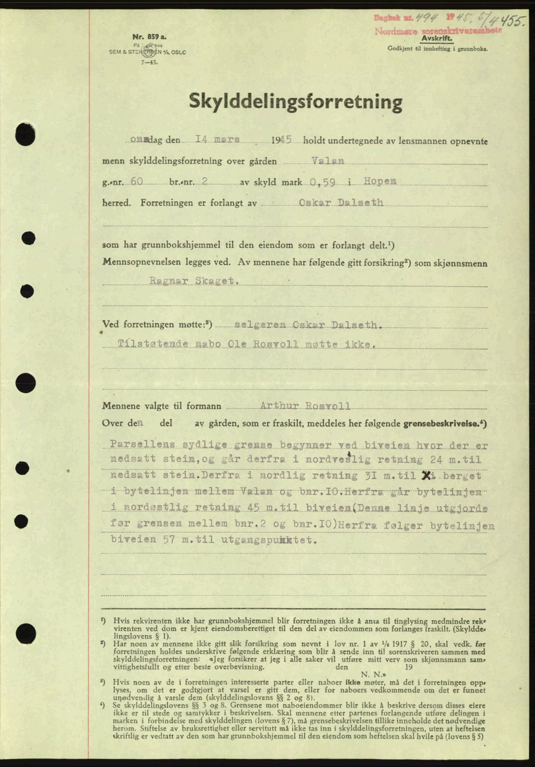 Nordmøre sorenskriveri, SAT/A-4132/1/2/2Ca: Pantebok nr. A99, 1945-1945, Dagboknr: 494/1945