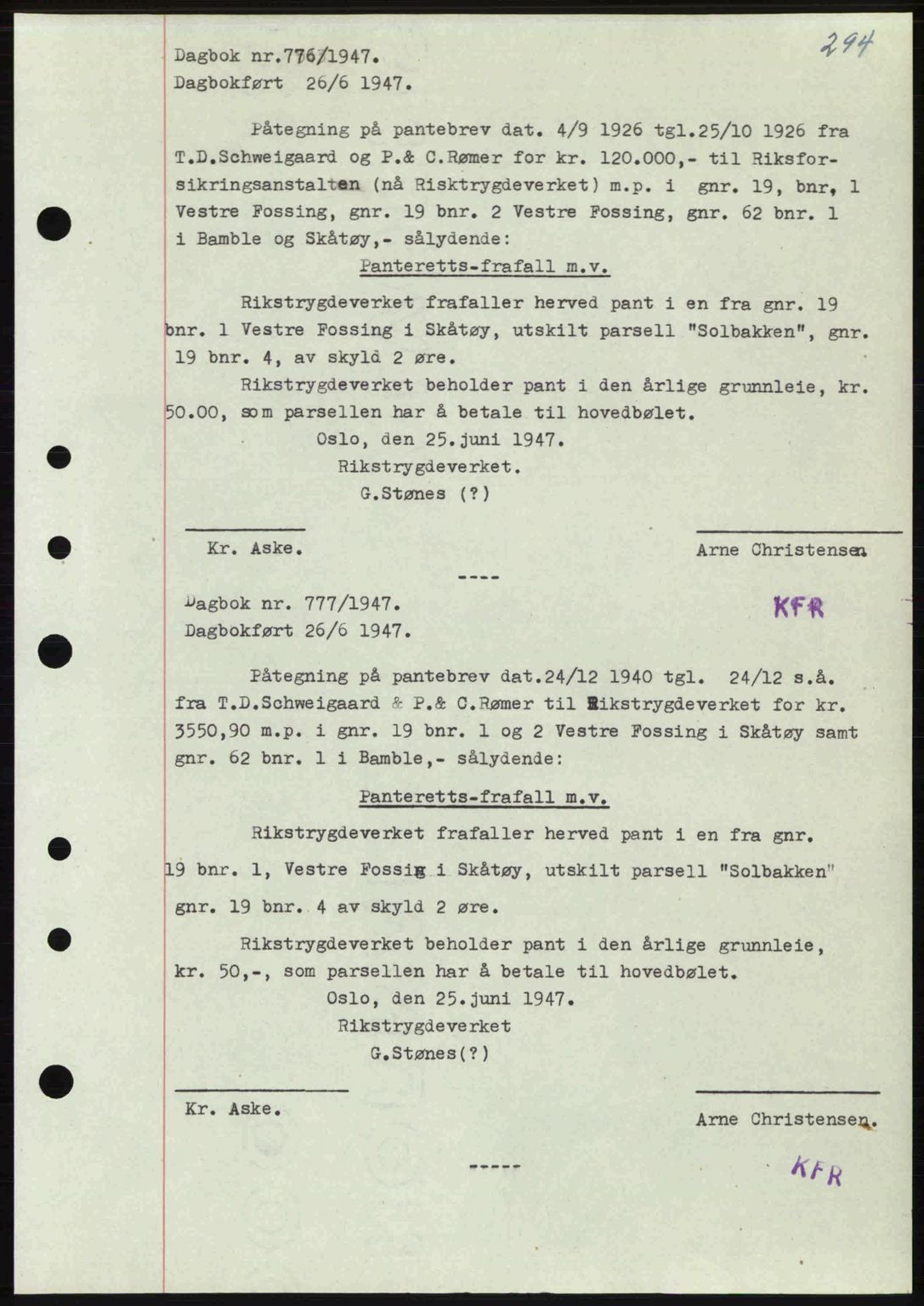 Kragerø sorenskriveri, SAKO/A-65/G/Ga/Gab/L0061: Pantebok nr. A-61, 1947-1947, Dagboknr: 776/1947