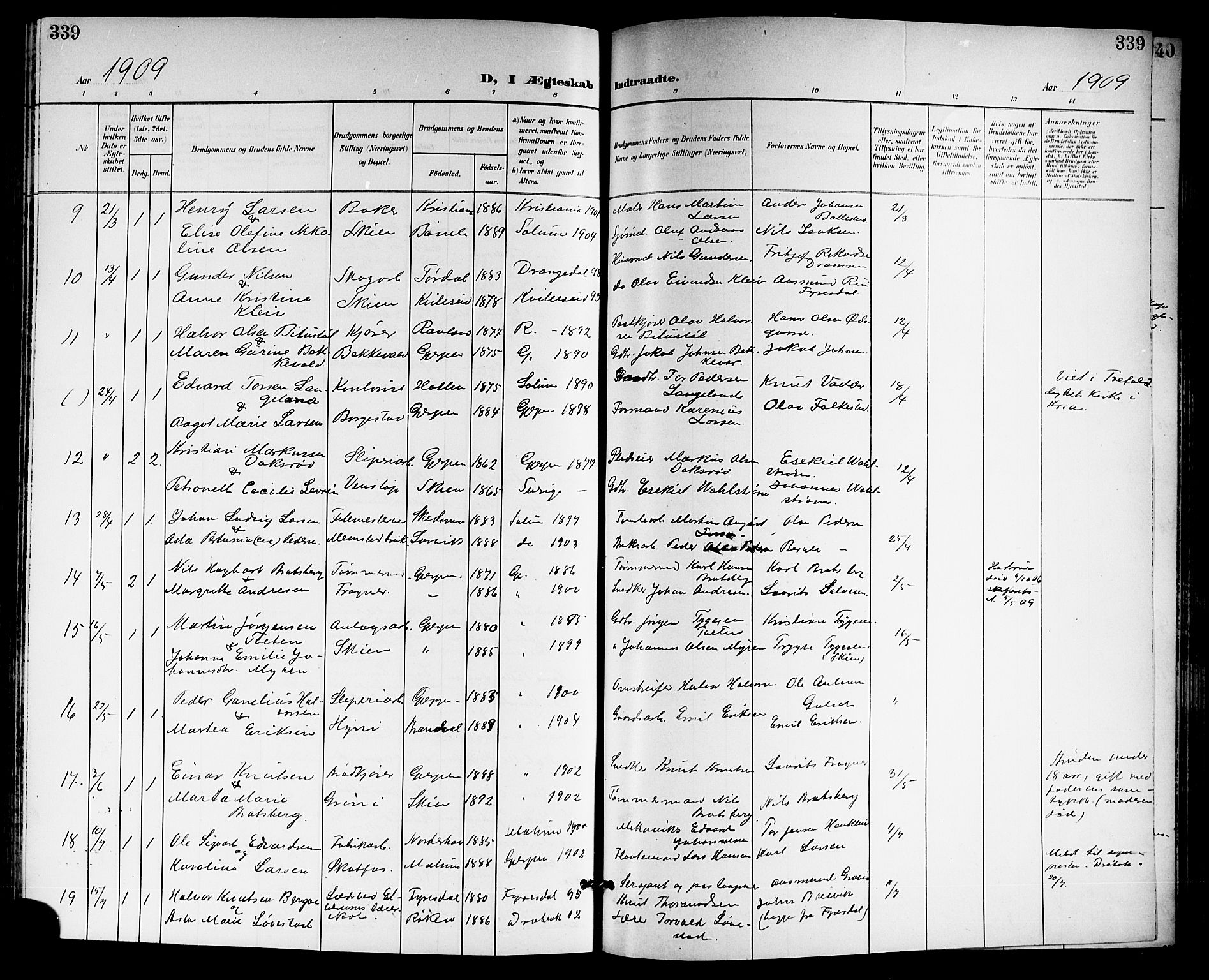 Gjerpen kirkebøker, AV/SAKO-A-265/G/Ga/L0003: Klokkerbok nr. I 3, 1901-1919, s. 339