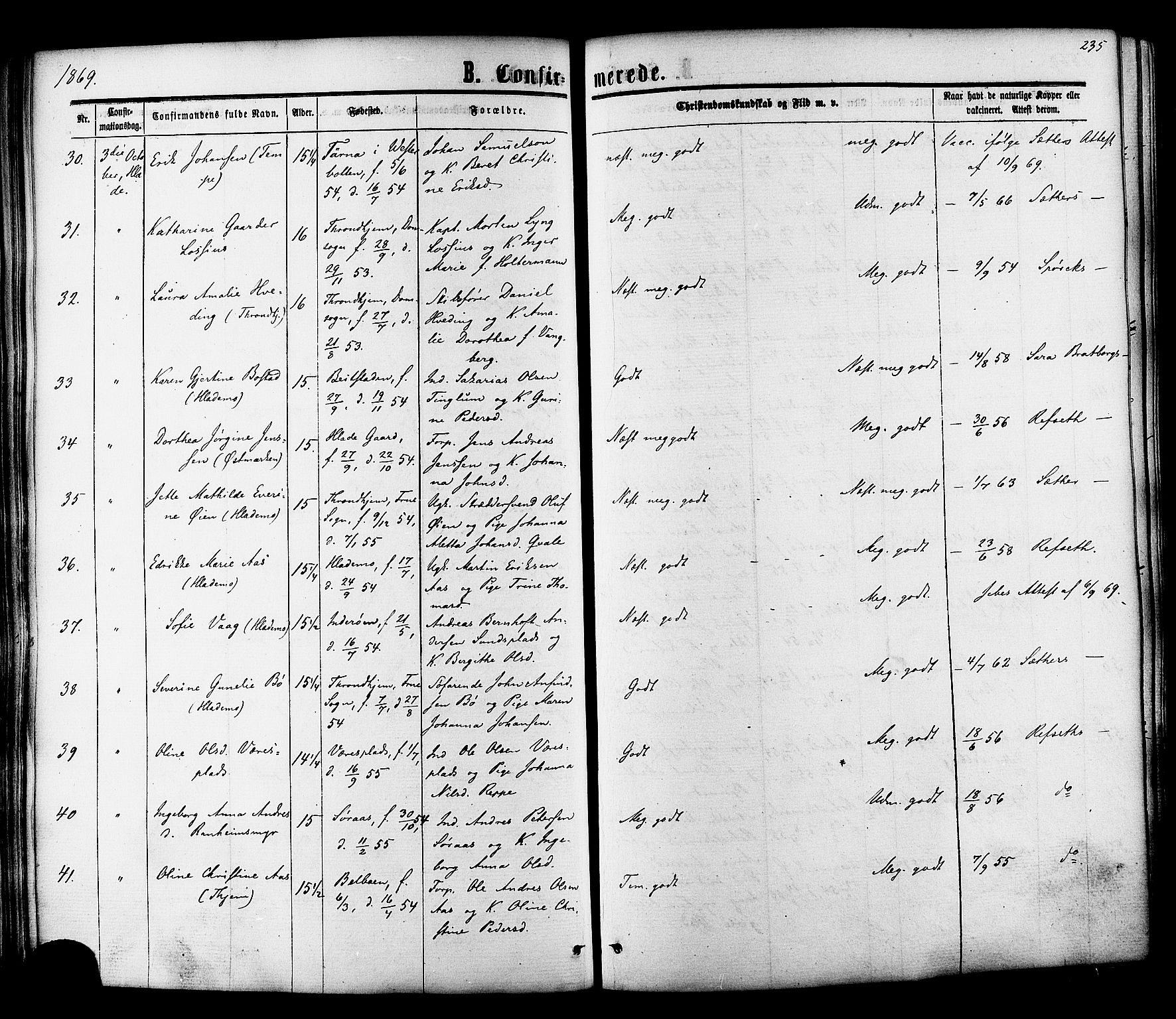 Ministerialprotokoller, klokkerbøker og fødselsregistre - Sør-Trøndelag, SAT/A-1456/606/L0293: Ministerialbok nr. 606A08, 1866-1877, s. 235