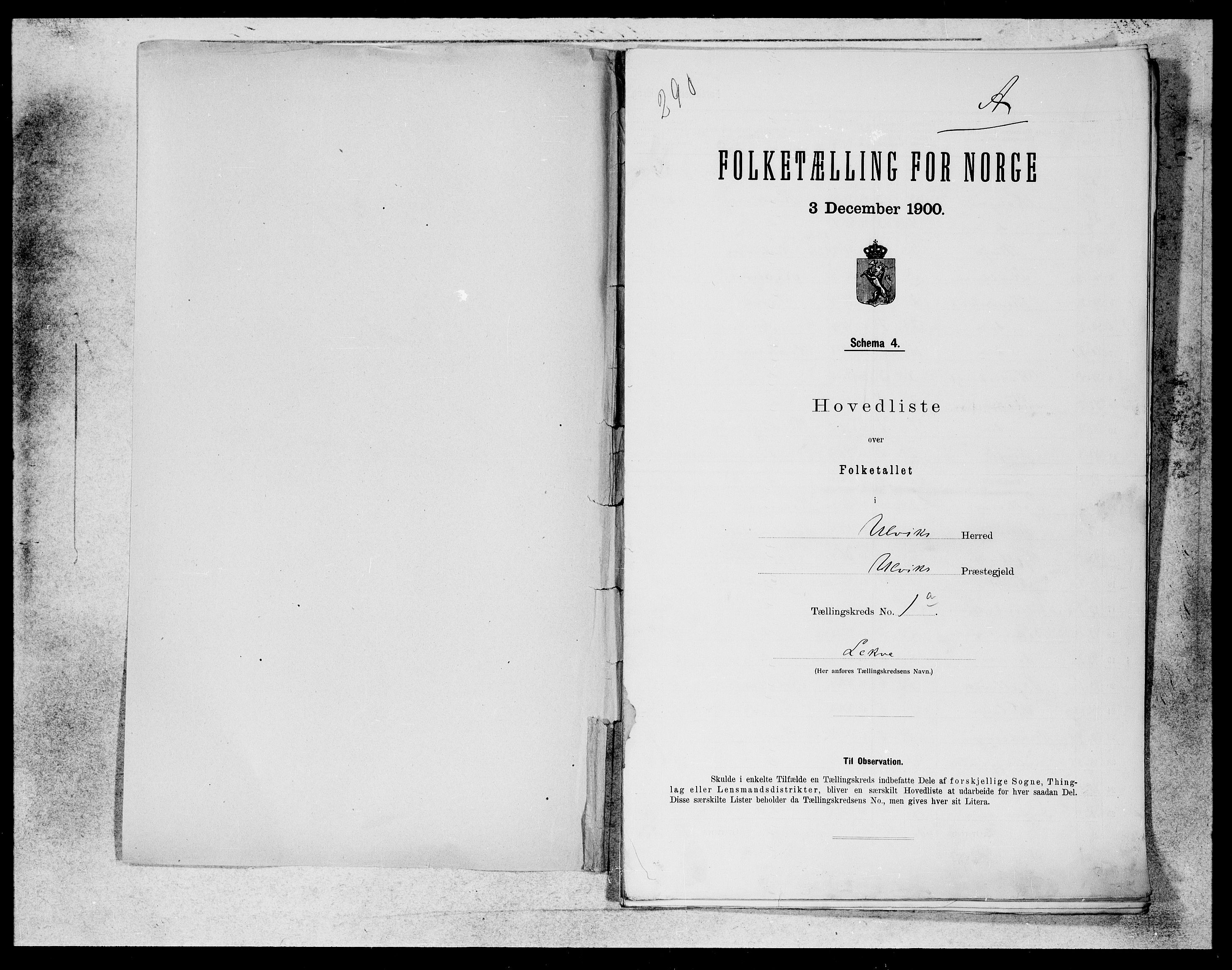 SAB, Folketelling 1900 for 1233 Ulvik herred, 1900, s. 1