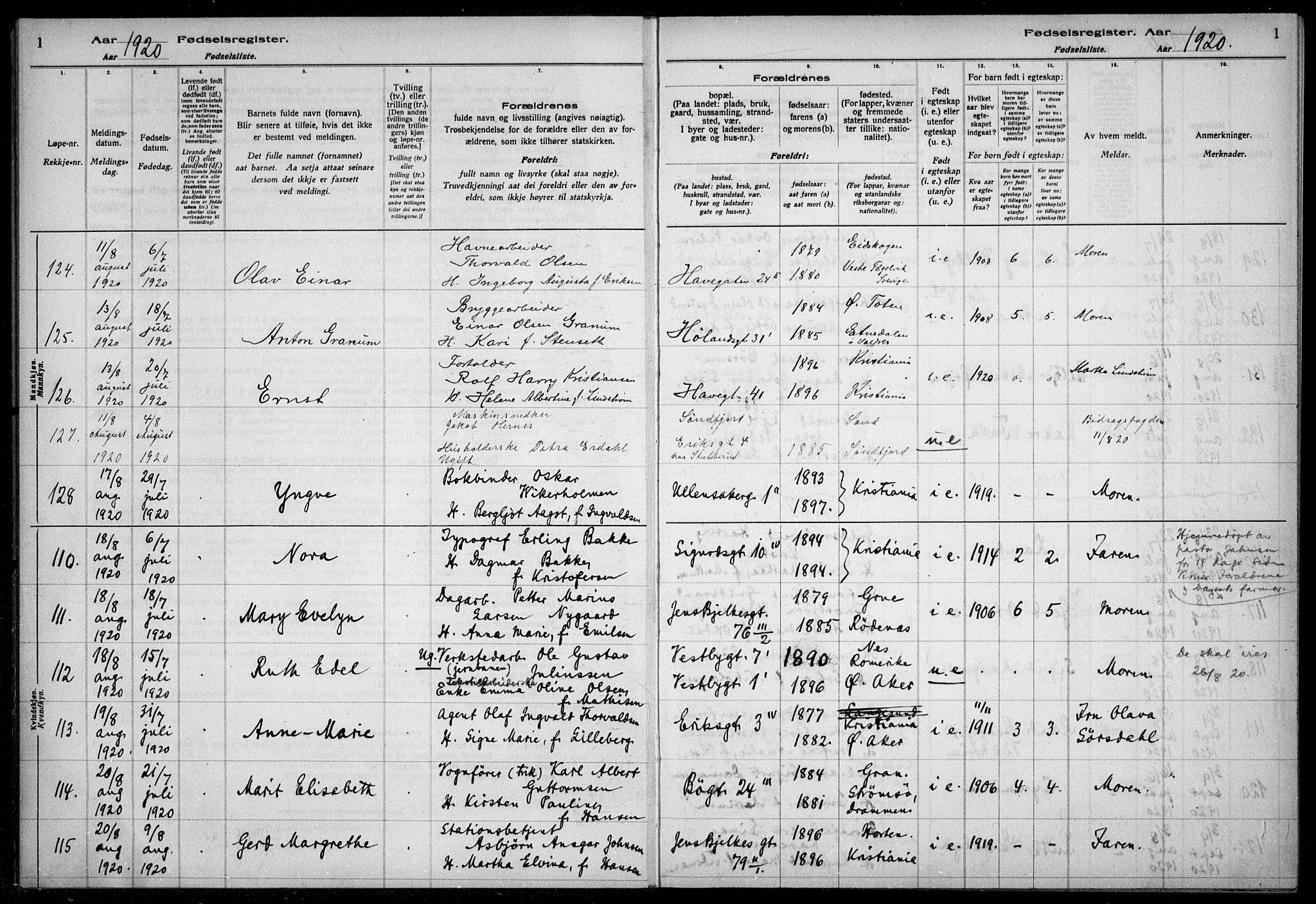 Kampen prestekontor Kirkebøker, SAO/A-10853/J/Ja/L0002: Fødselsregister nr. 2, 1920-1935, s. 1