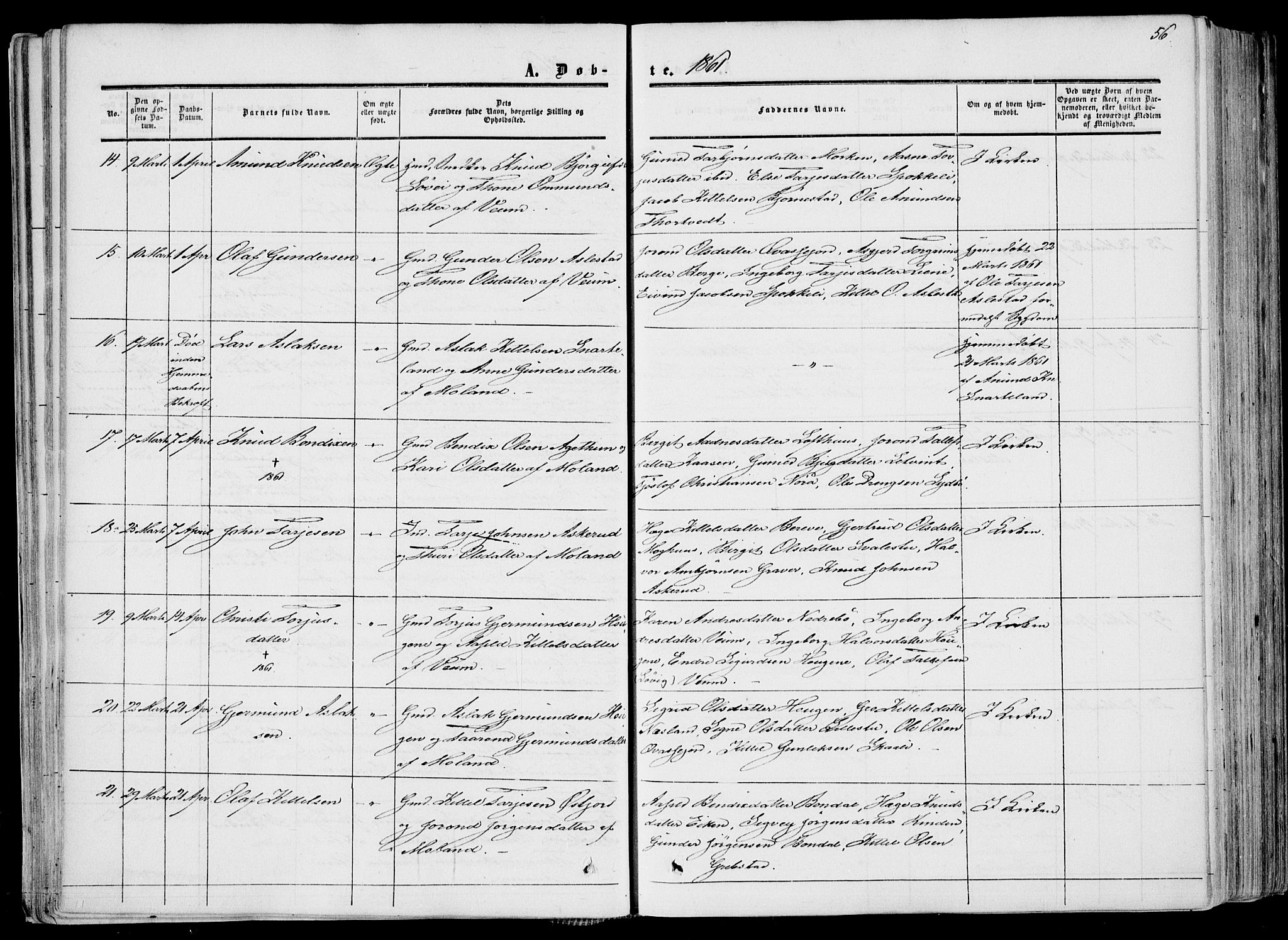 Fyresdal kirkebøker, AV/SAKO-A-263/F/Fa/L0005: Ministerialbok nr. I 5, 1855-1871, s. 56