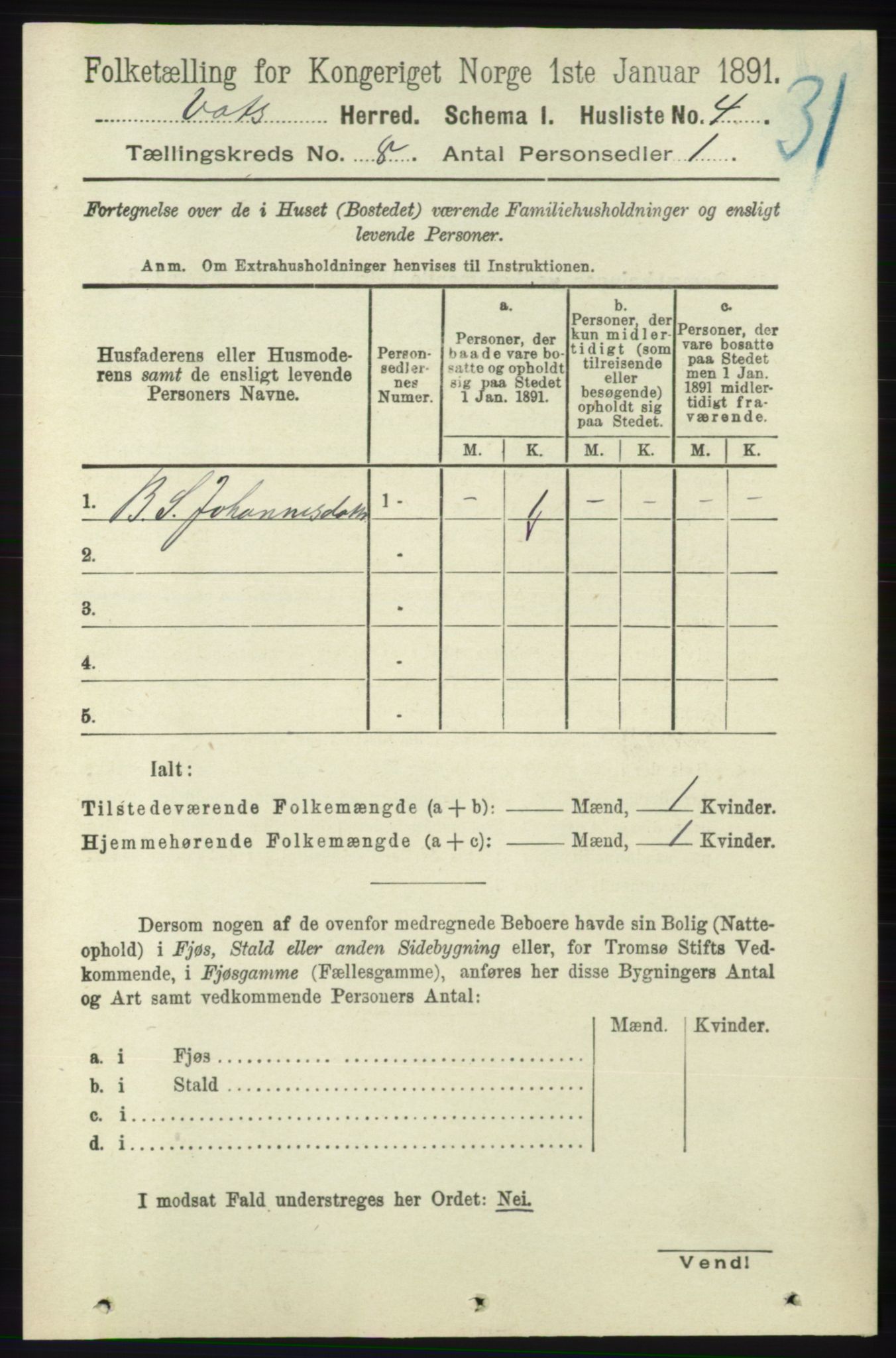 RA, Folketelling 1891 for 1155 Vats herred, 1891, s. 1305