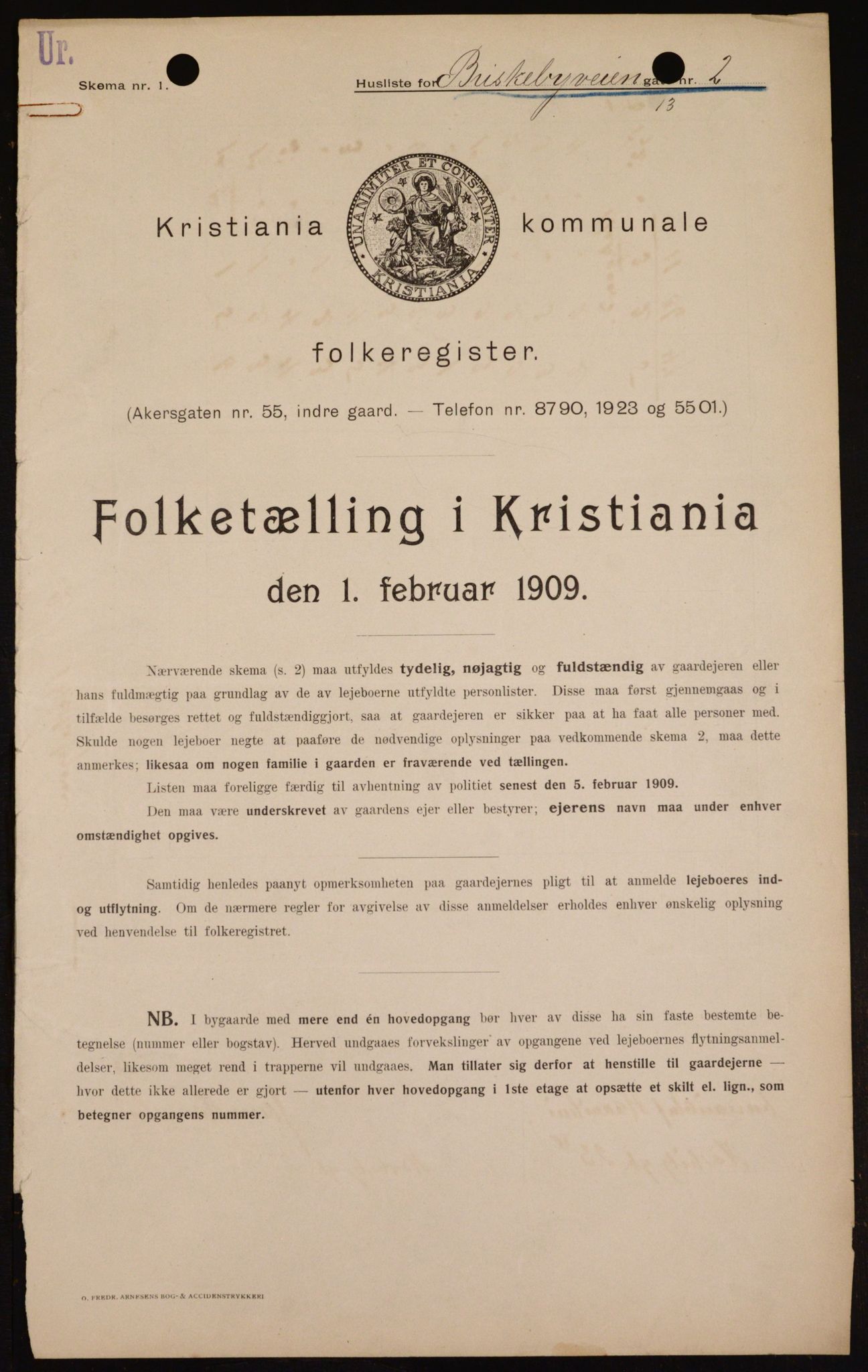 OBA, Kommunal folketelling 1.2.1909 for Kristiania kjøpstad, 1909, s. 8536