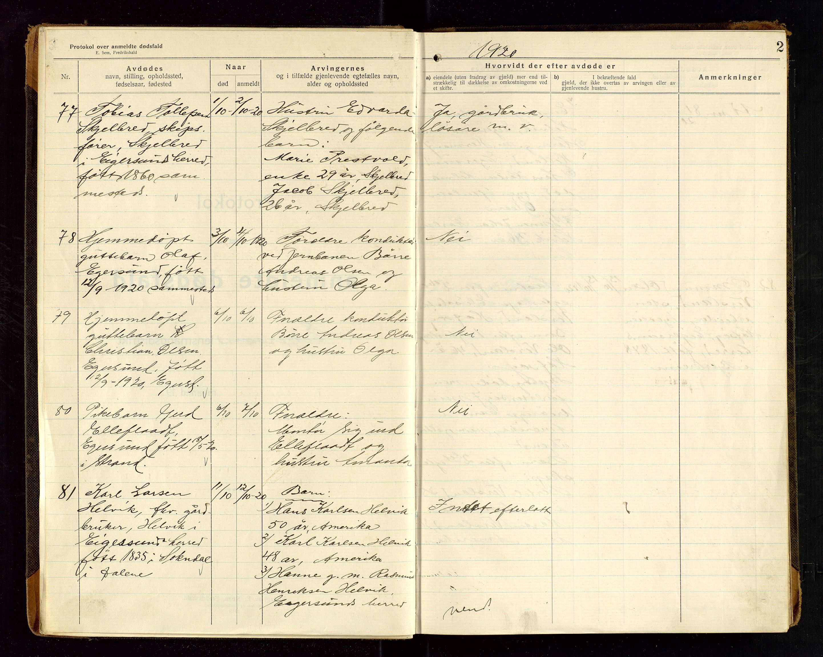 Eigersund lensmannskontor, AV/SAST-A-100171/Gga/L0008: "Protokol over anmeldte dødsfald" m/alfabetisk navneregister, 1920-1922, s. 2