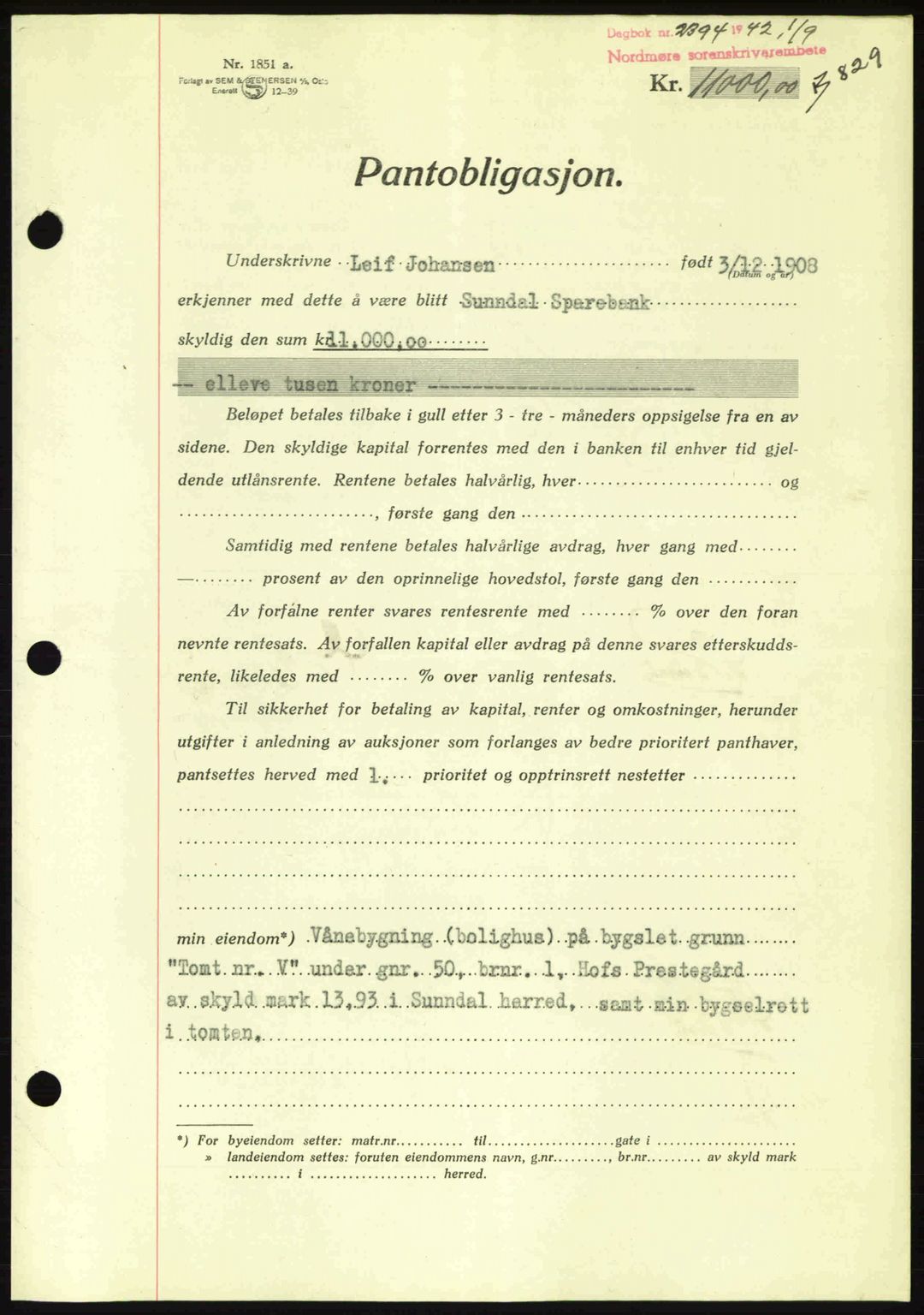 Nordmøre sorenskriveri, AV/SAT-A-4132/1/2/2Ca: Pantebok nr. B89, 1942-1942, Dagboknr: 2394/1942