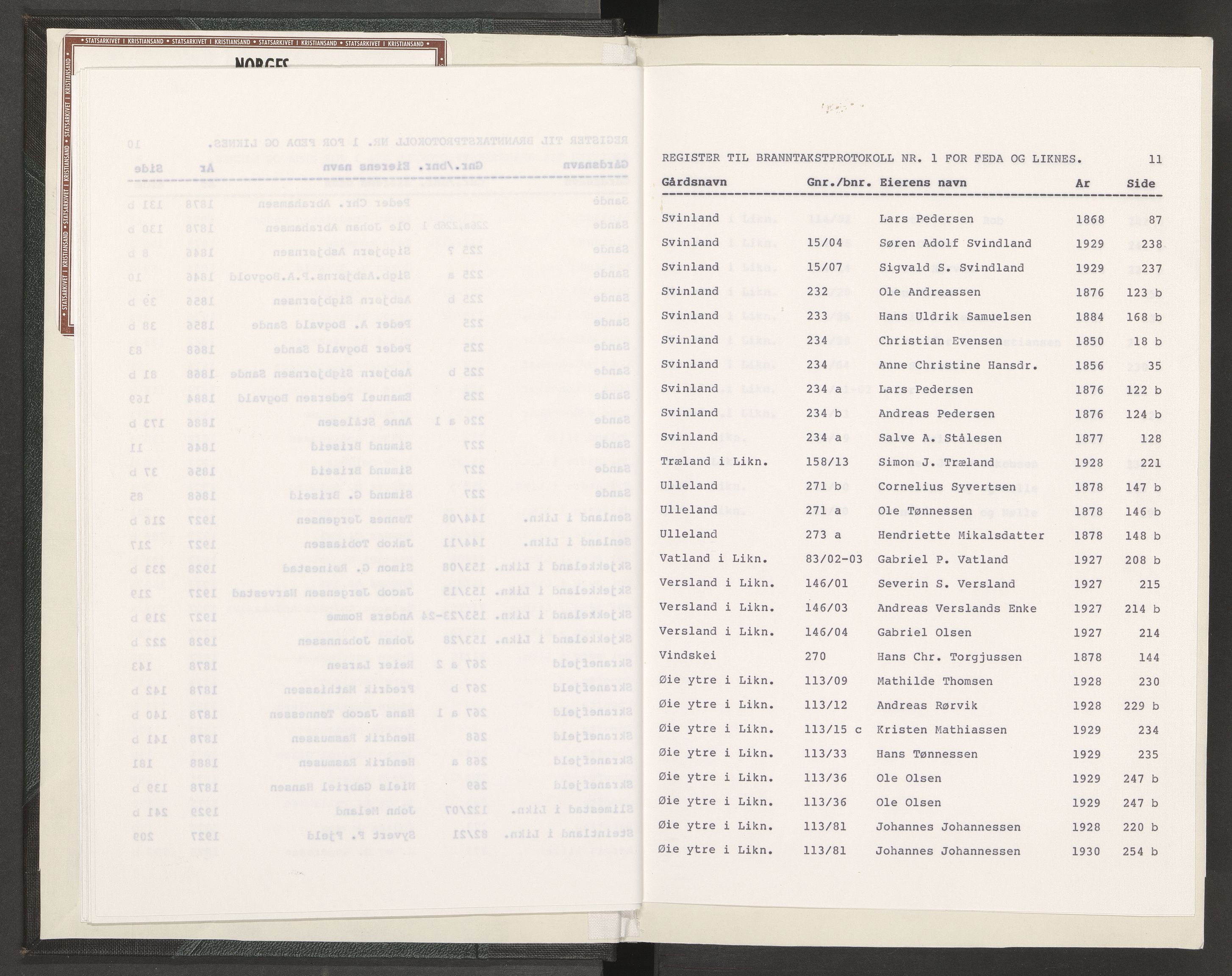 Norges Brannkasse Feda, AV/SAK-2241-0012/F/Fa/L0001: Branntakstprotokoll nr. 1 med gårdsnavnregister, 1846-1931