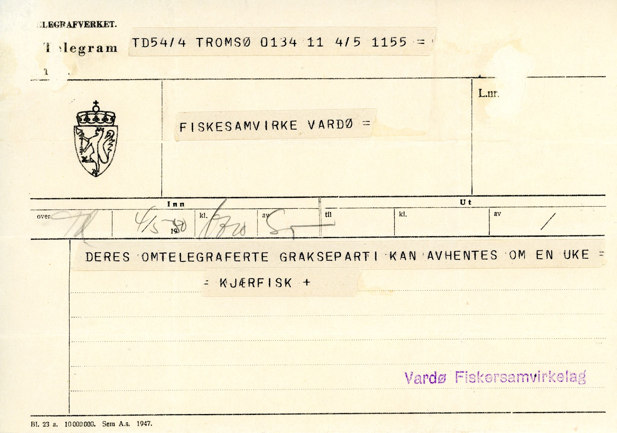 Vardø Fiskersamvirkelag, VAMU/A-0037/D/Da/L0003: Korrespondanse Fi-Kj, 1947-1950