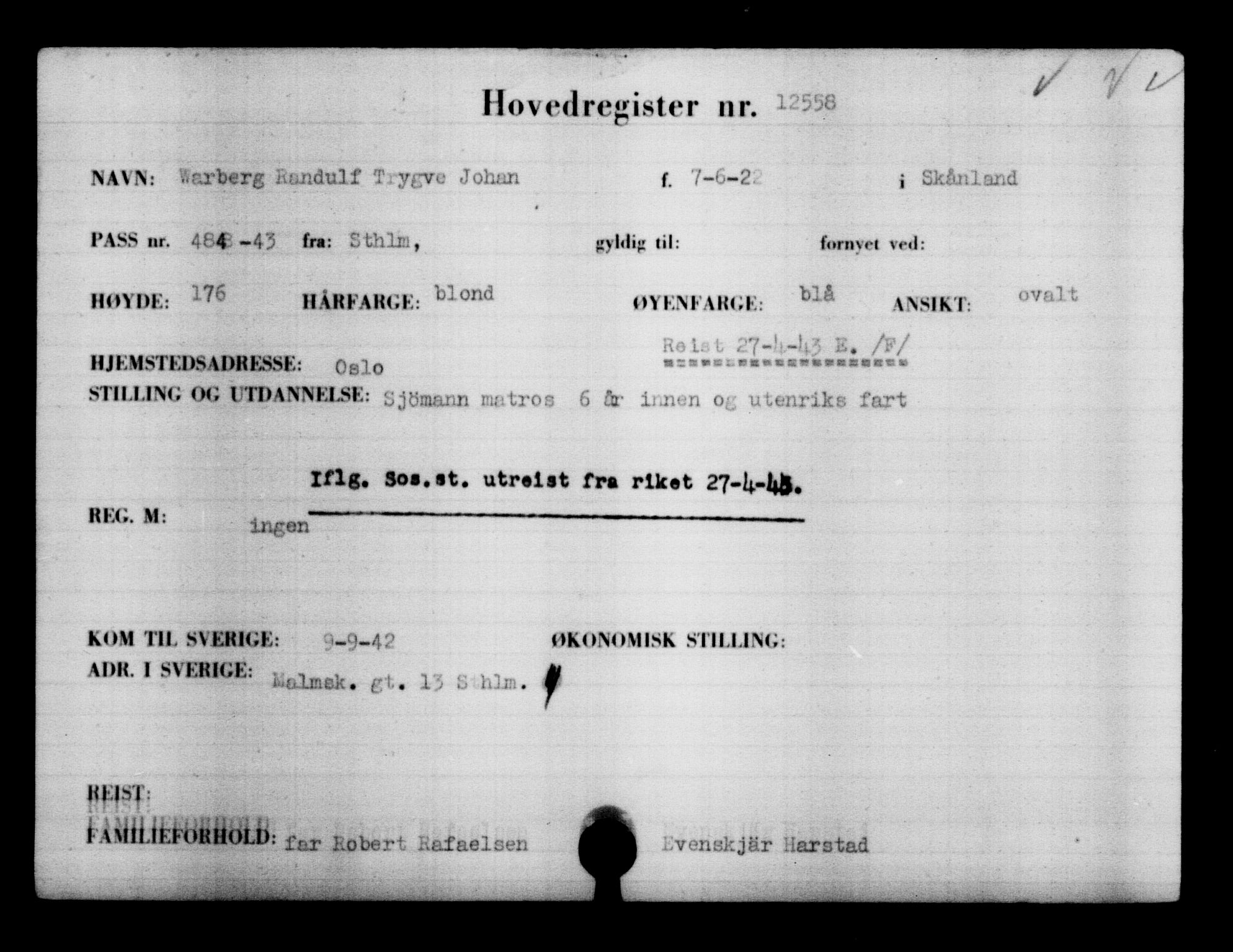 Utenriksstasjonene, Legasjonen i Stockholm, Flyktningkontoret, AV/RA-S-6753/V/Va/L0006: Kjesäterkartoteket, flyktninger med registreringsnr. 9400-12711, 1940-1945, s. 3592