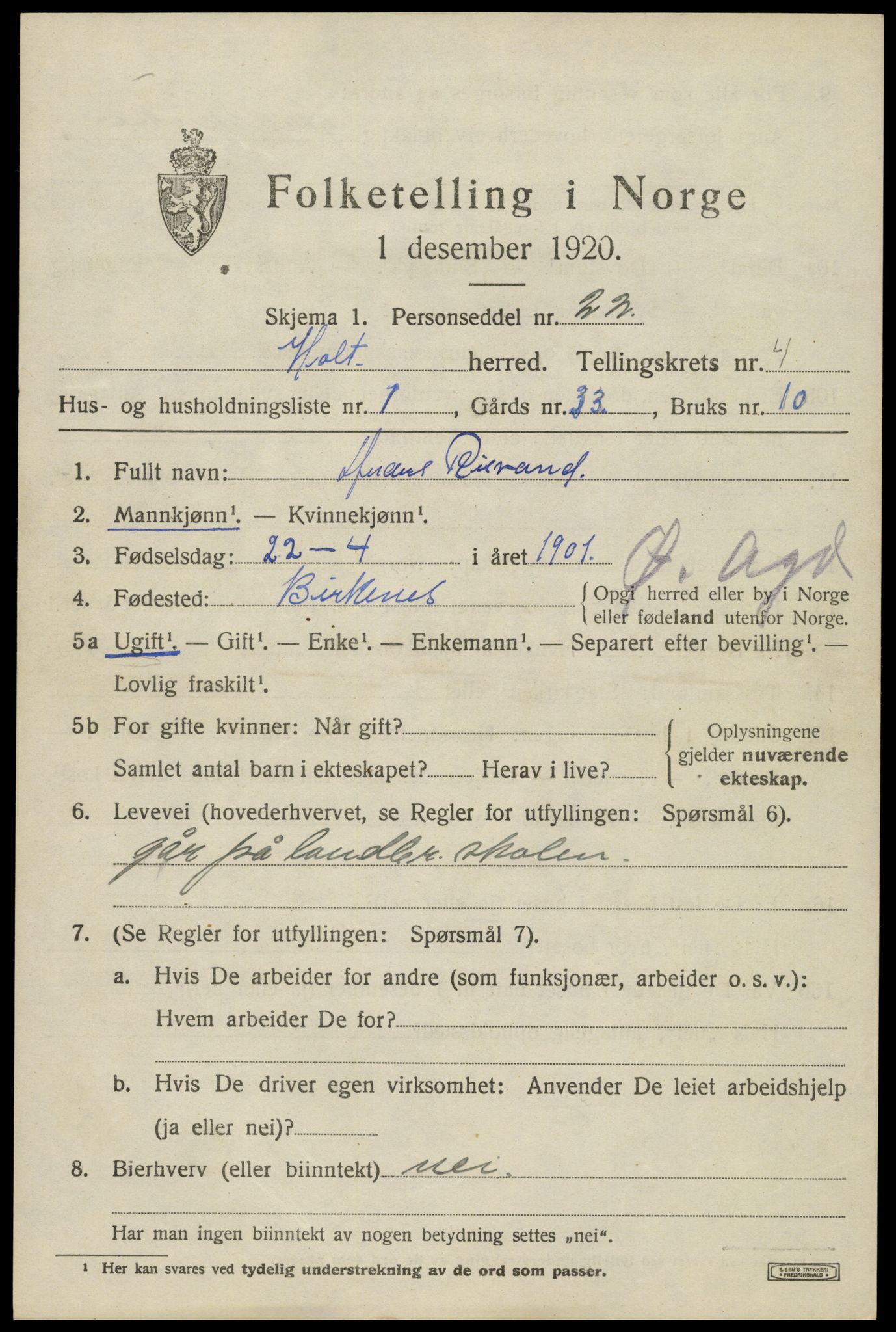 SAK, Folketelling 1920 for 0914 Holt herred, 1920, s. 2850