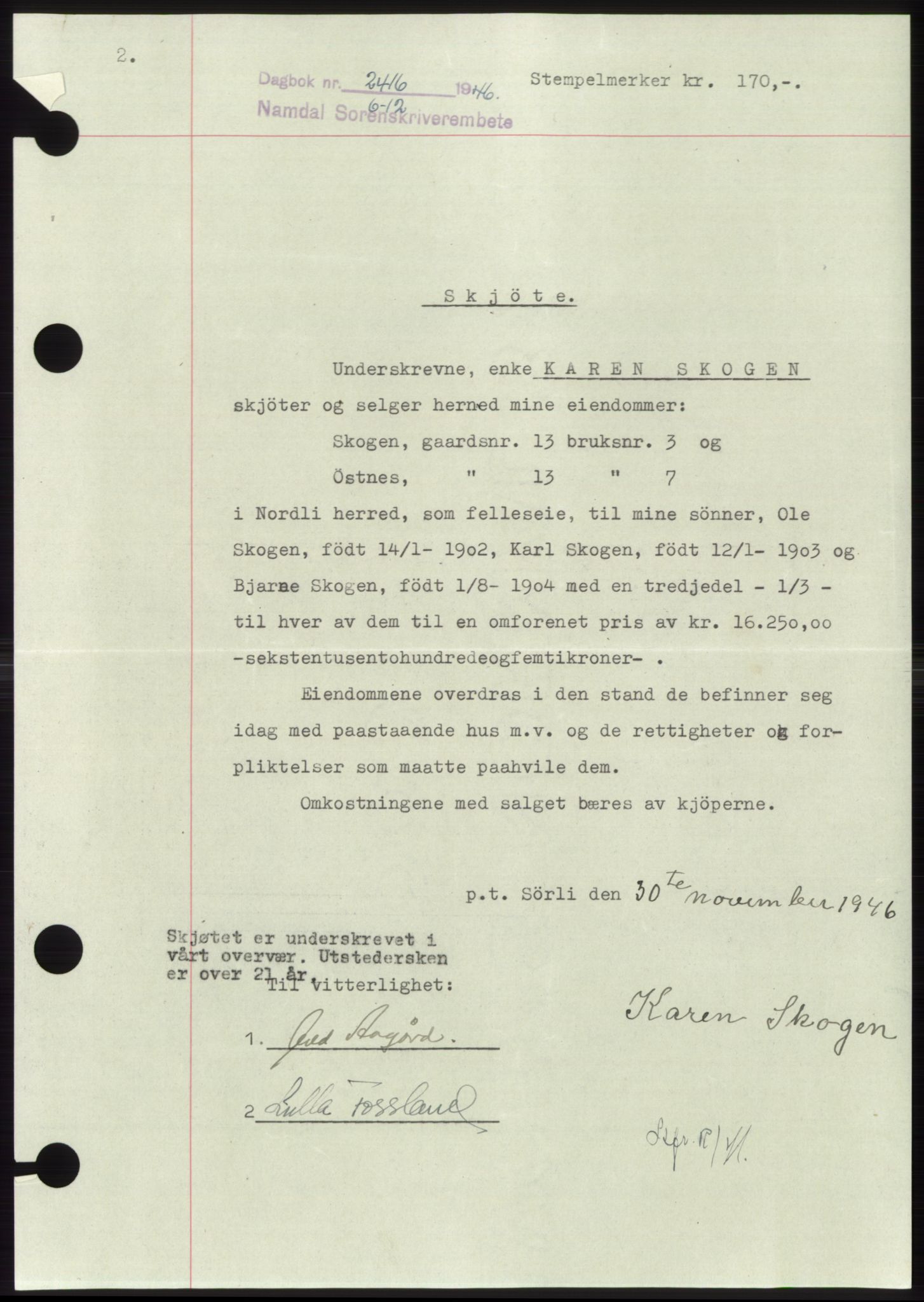 Namdal sorenskriveri, SAT/A-4133/1/2/2C: Pantebok nr. -, 1946-1947, Dagboknr: 2416/1946