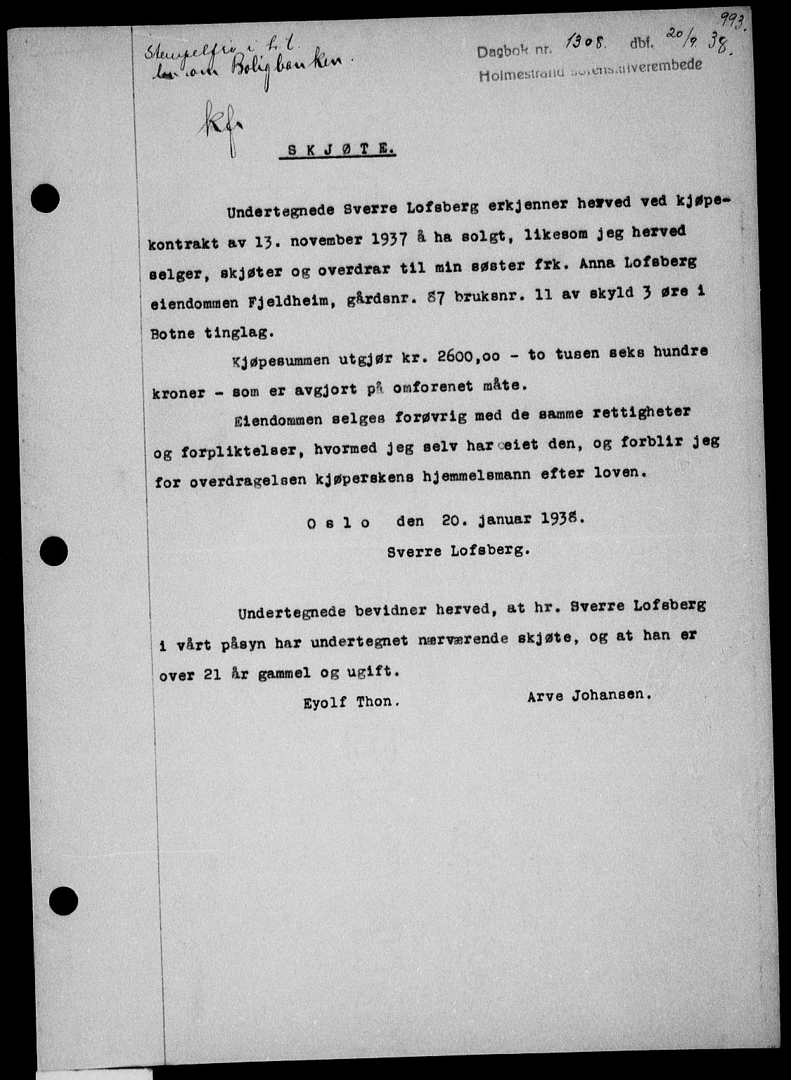 Holmestrand sorenskriveri, SAKO/A-67/G/Ga/Gaa/L0049: Pantebok nr. A-49, 1937-1938, Dagboknr: 1308/1938