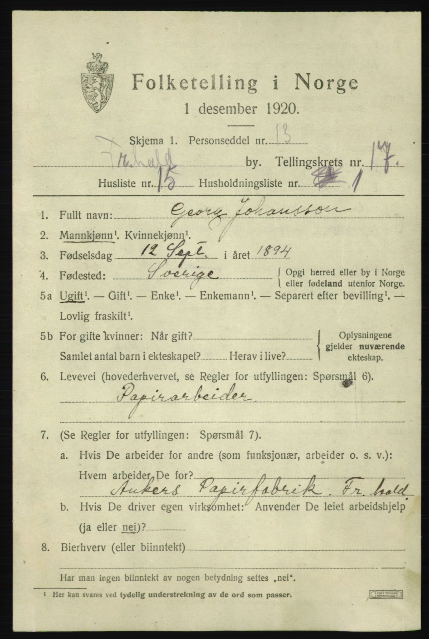 SAO, Folketelling 1920 for 0101 Fredrikshald kjøpstad, 1920, s. 26096