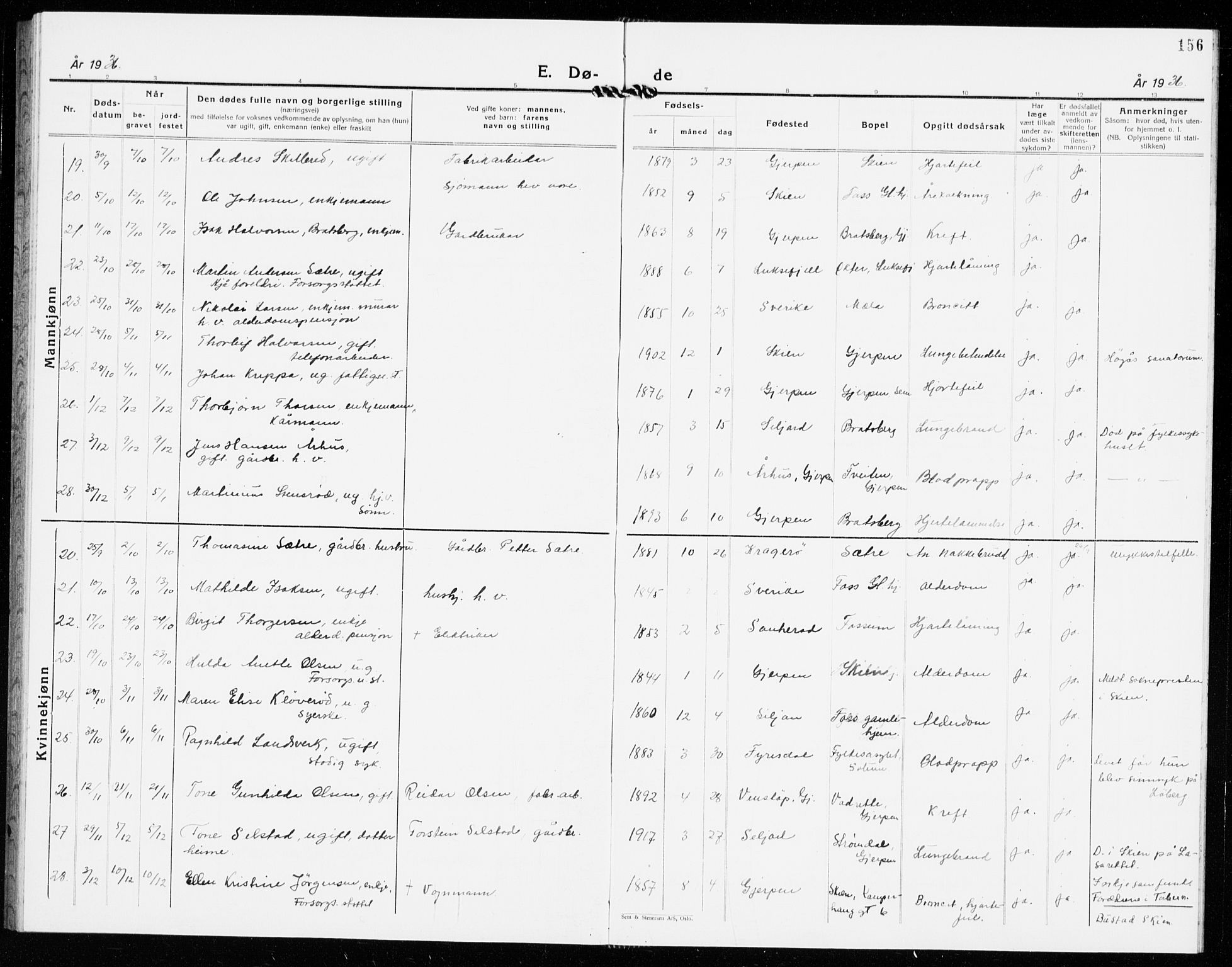 Gjerpen kirkebøker, AV/SAKO-A-265/G/Ga/L0005: Klokkerbok nr. I 5, 1932-1940, s. 156