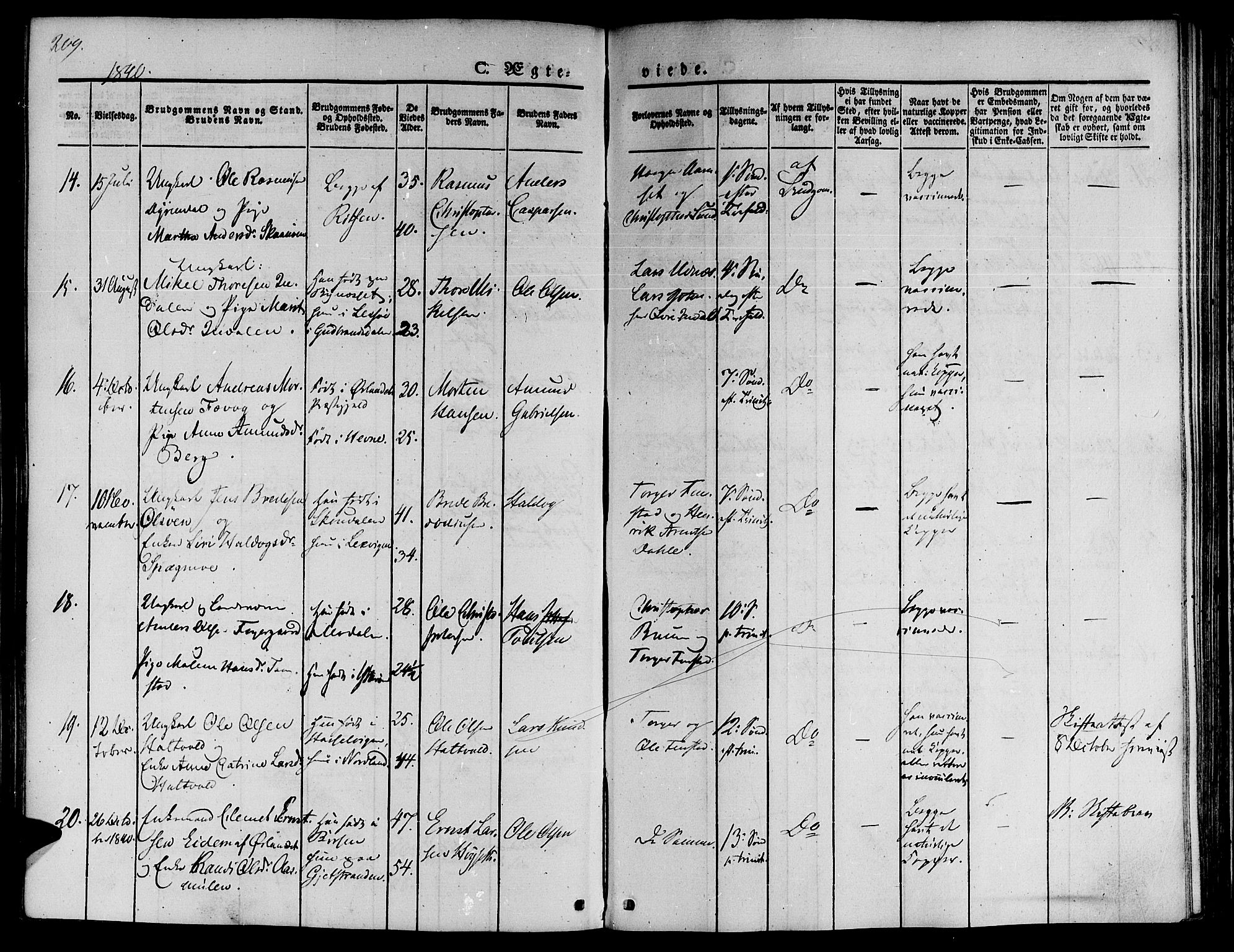 Ministerialprotokoller, klokkerbøker og fødselsregistre - Sør-Trøndelag, SAT/A-1456/646/L0610: Ministerialbok nr. 646A08, 1837-1847, s. 209