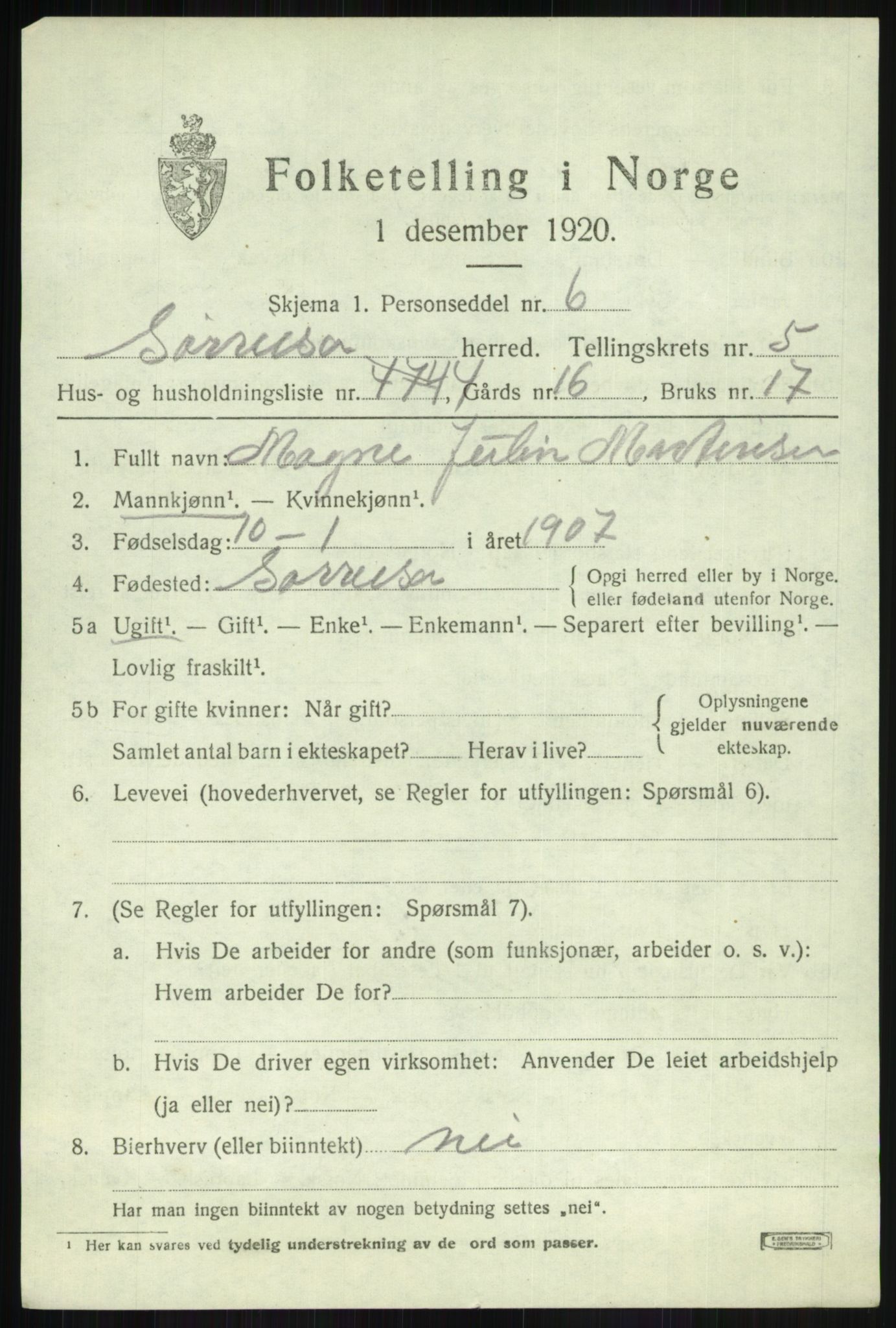 SATØ, Folketelling 1920 for 1925 Sørreisa herred, 1920, s. 2912