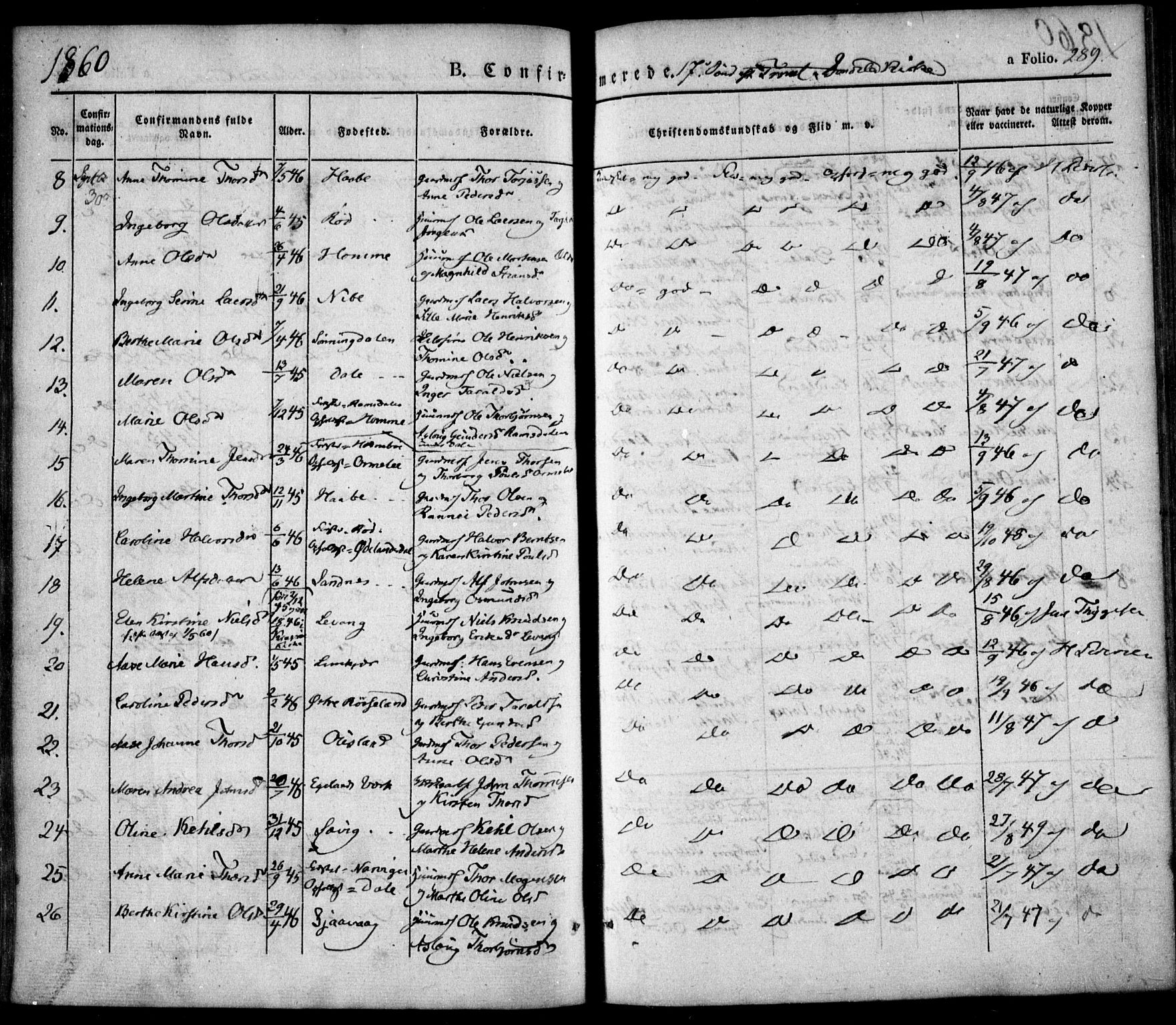 Søndeled sokneprestkontor, AV/SAK-1111-0038/F/Fa/L0002: Ministerialbok nr. A 2, 1839-1860, s. 289