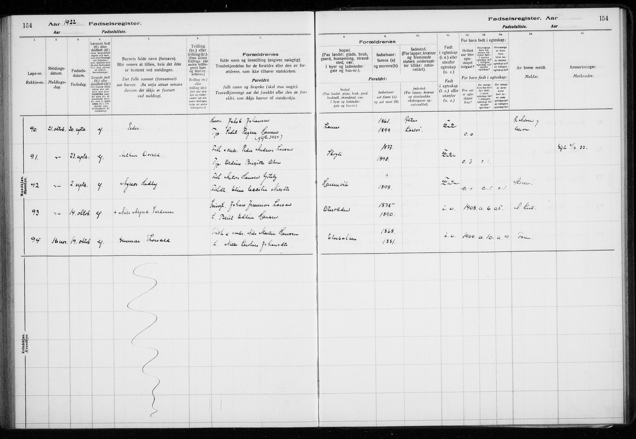 Lyngen sokneprestembete, AV/SATØ-S-1289/I/Ia/L0075: Fødselsregister nr. 75, 1916-1924, s. 154