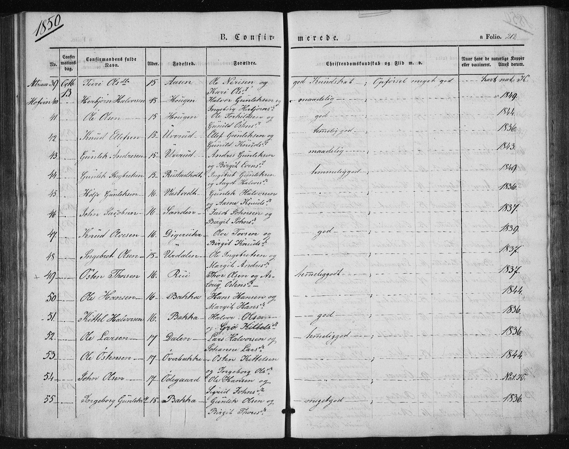 Tinn kirkebøker, AV/SAKO-A-308/F/Fa/L0005: Ministerialbok nr. I 5, 1844-1856, s. 212