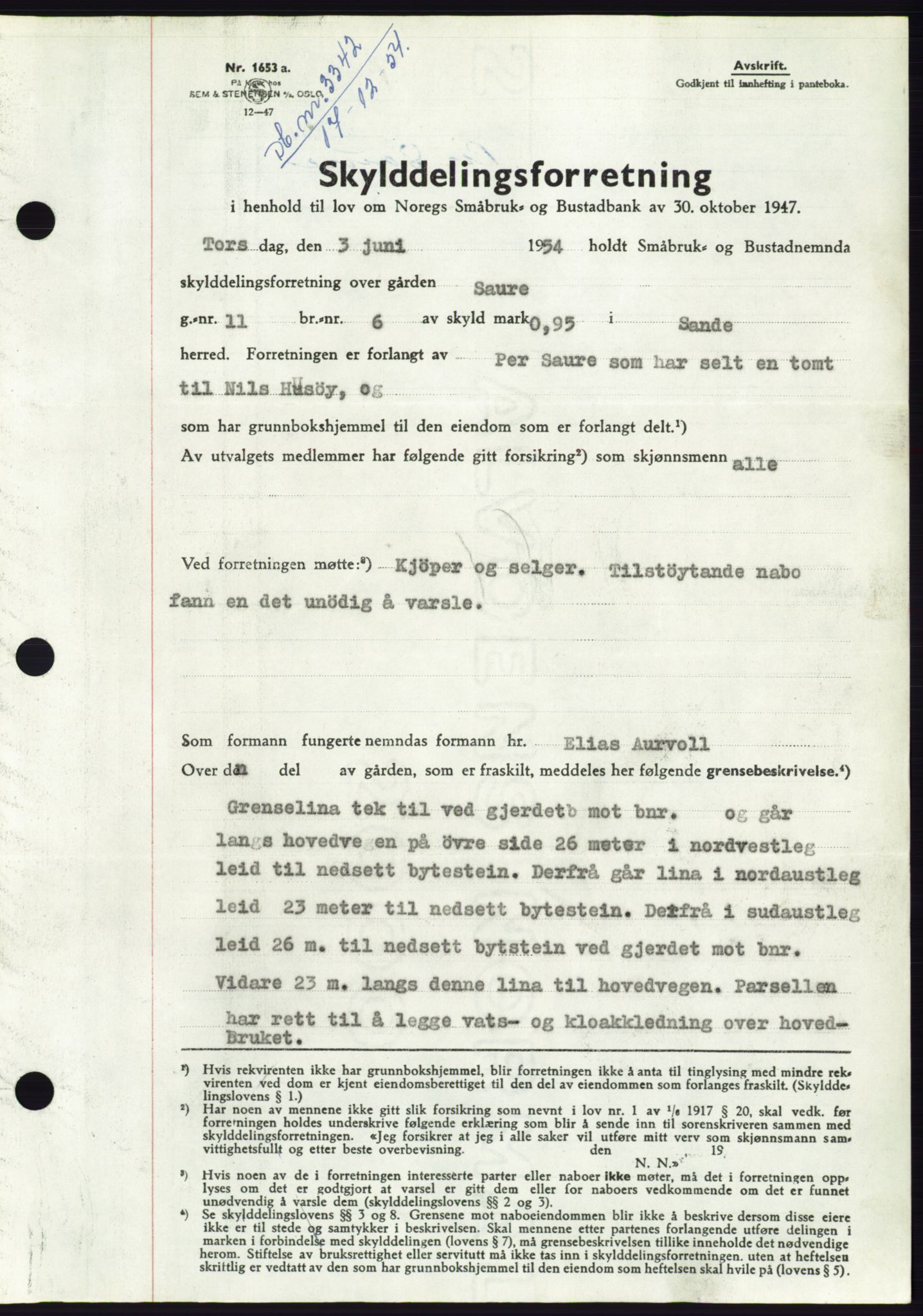 Søre Sunnmøre sorenskriveri, AV/SAT-A-4122/1/2/2C/L0099: Pantebok nr. 25A, 1954-1954, Dagboknr: 3342/1954