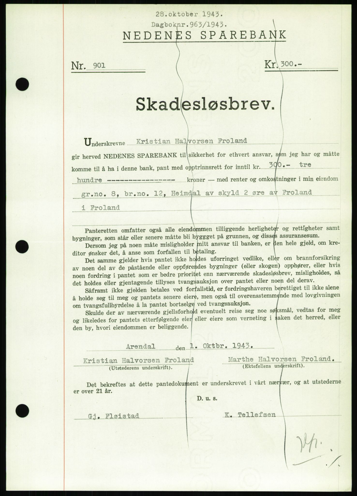 Nedenes sorenskriveri, SAK/1221-0006/G/Gb/Gbb/L0002: Pantebok nr. II, 1942-1945, Dagboknr: 963/1943