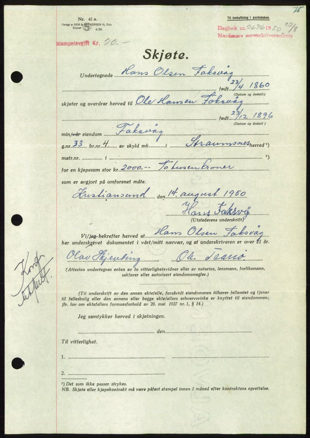 Nordmøre sorenskriveri, AV/SAT-A-4132/1/2/2Ca: Pantebok nr. A116, 1950-1950, Dagboknr: 2636/1950