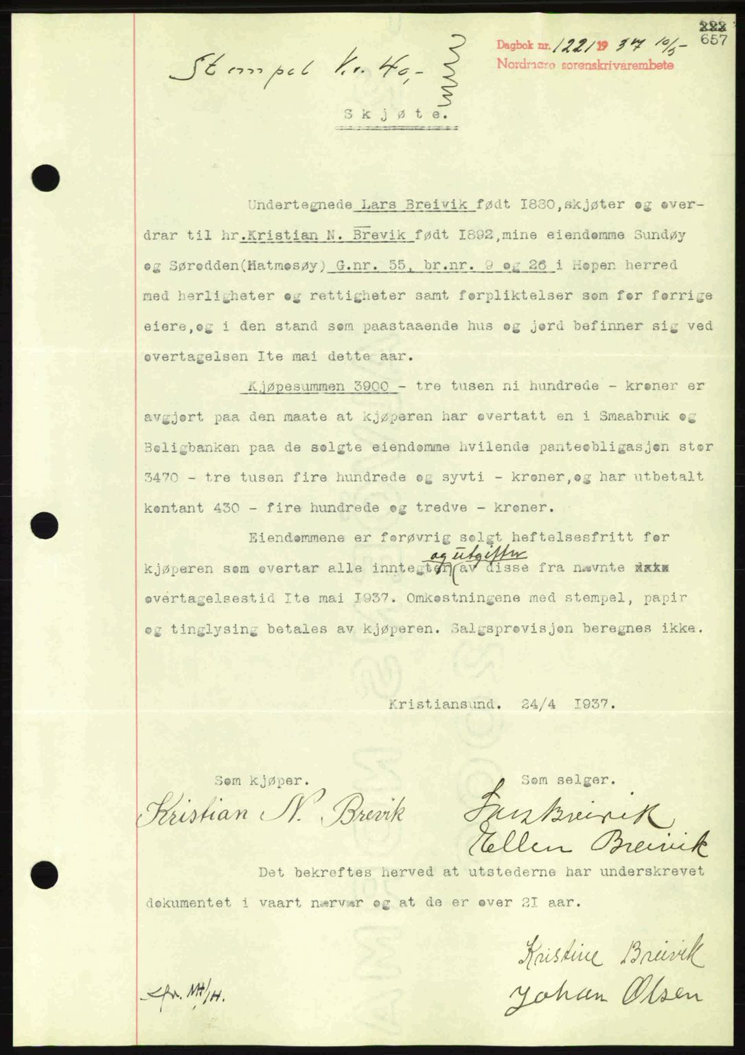 Nordmøre sorenskriveri, AV/SAT-A-4132/1/2/2Ca: Pantebok nr. A81, 1937-1937, Dagboknr: 1221/1937