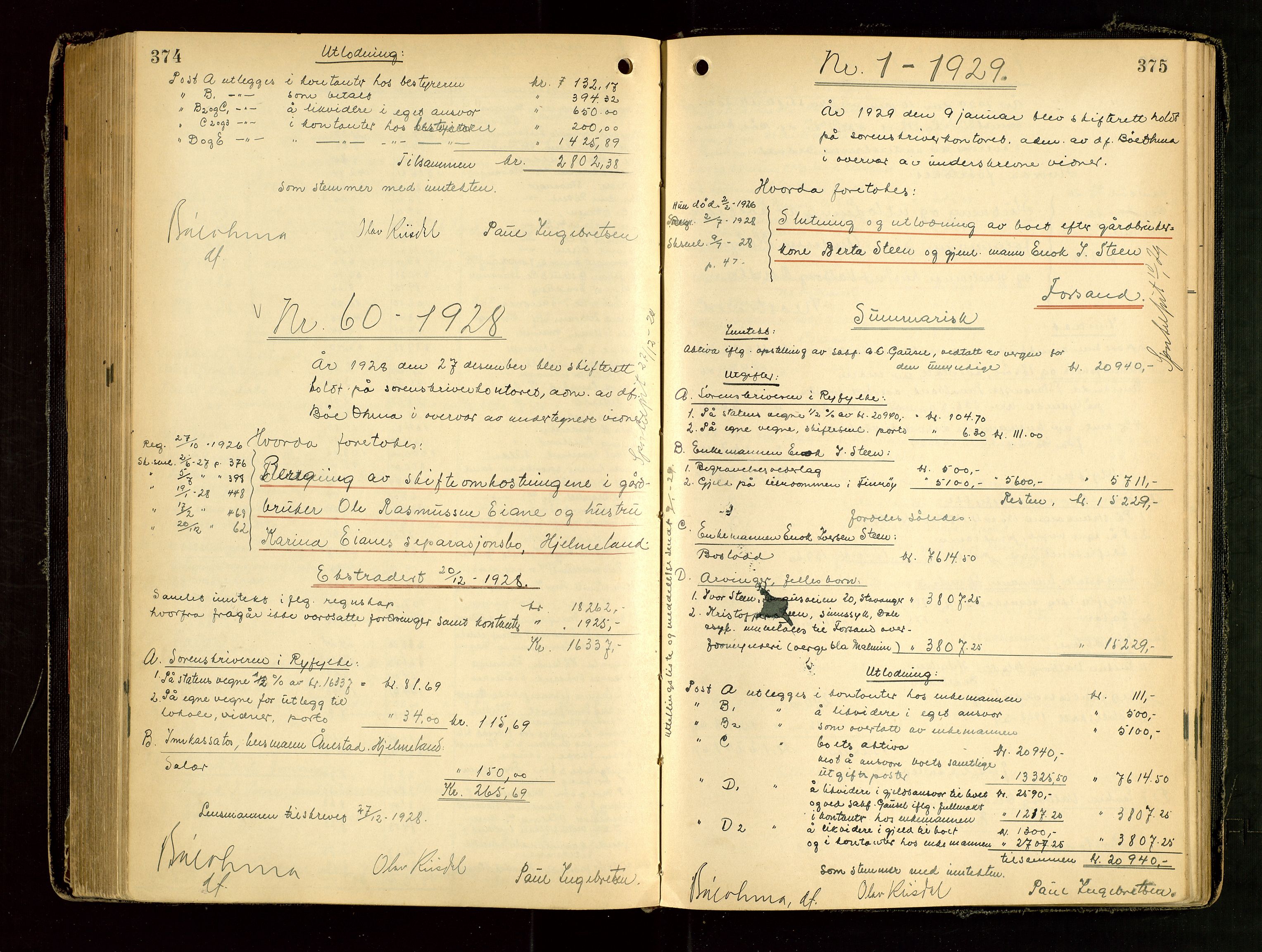 Ryfylke tingrett, AV/SAST-A-100055/001/IV/IVG/L0006: Skifteutlodningsprotokoll Med register, 1924-1929, s. 374-375