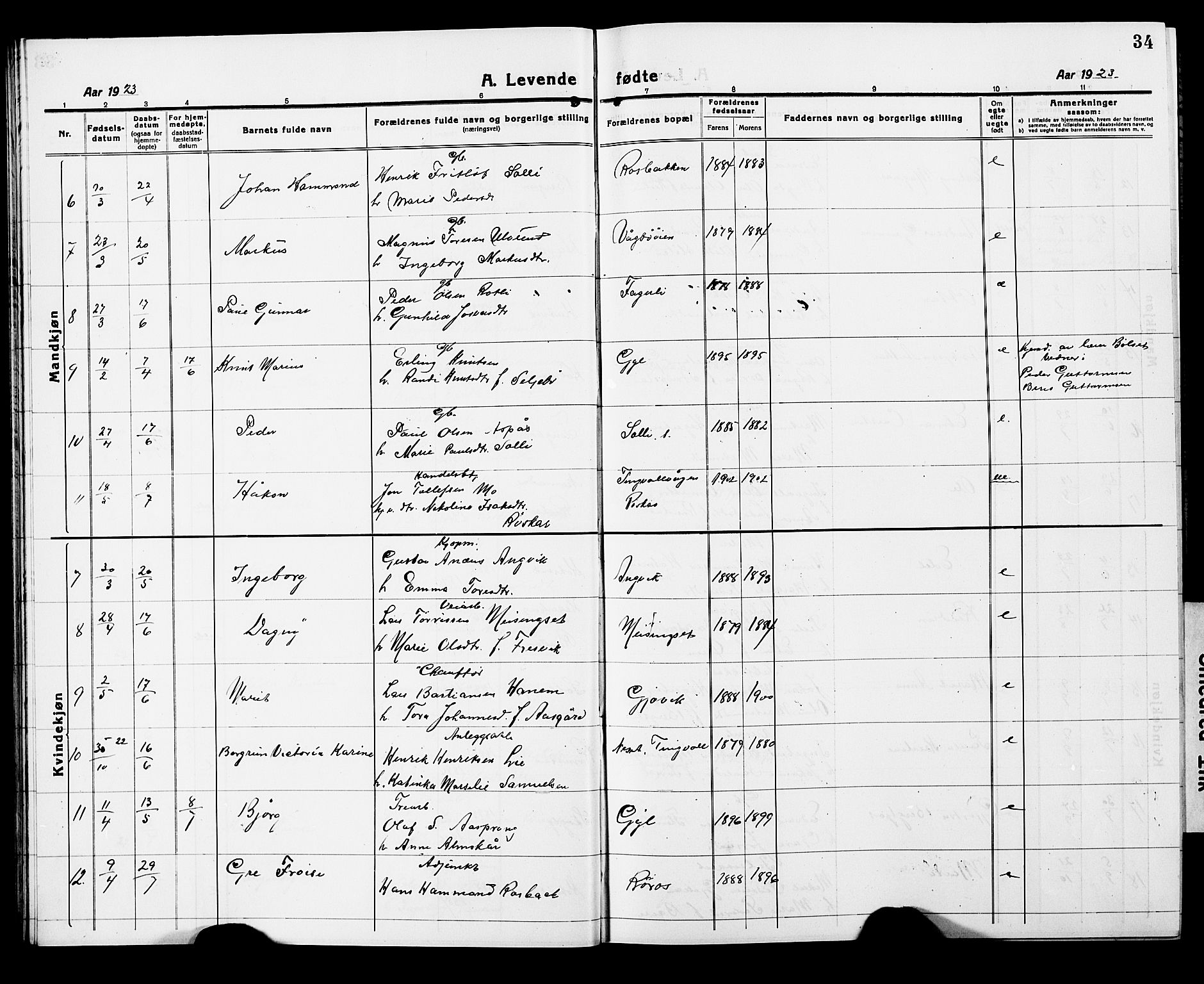 Ministerialprotokoller, klokkerbøker og fødselsregistre - Møre og Romsdal, AV/SAT-A-1454/586/L0994: Klokkerbok nr. 586C05, 1919-1927, s. 34