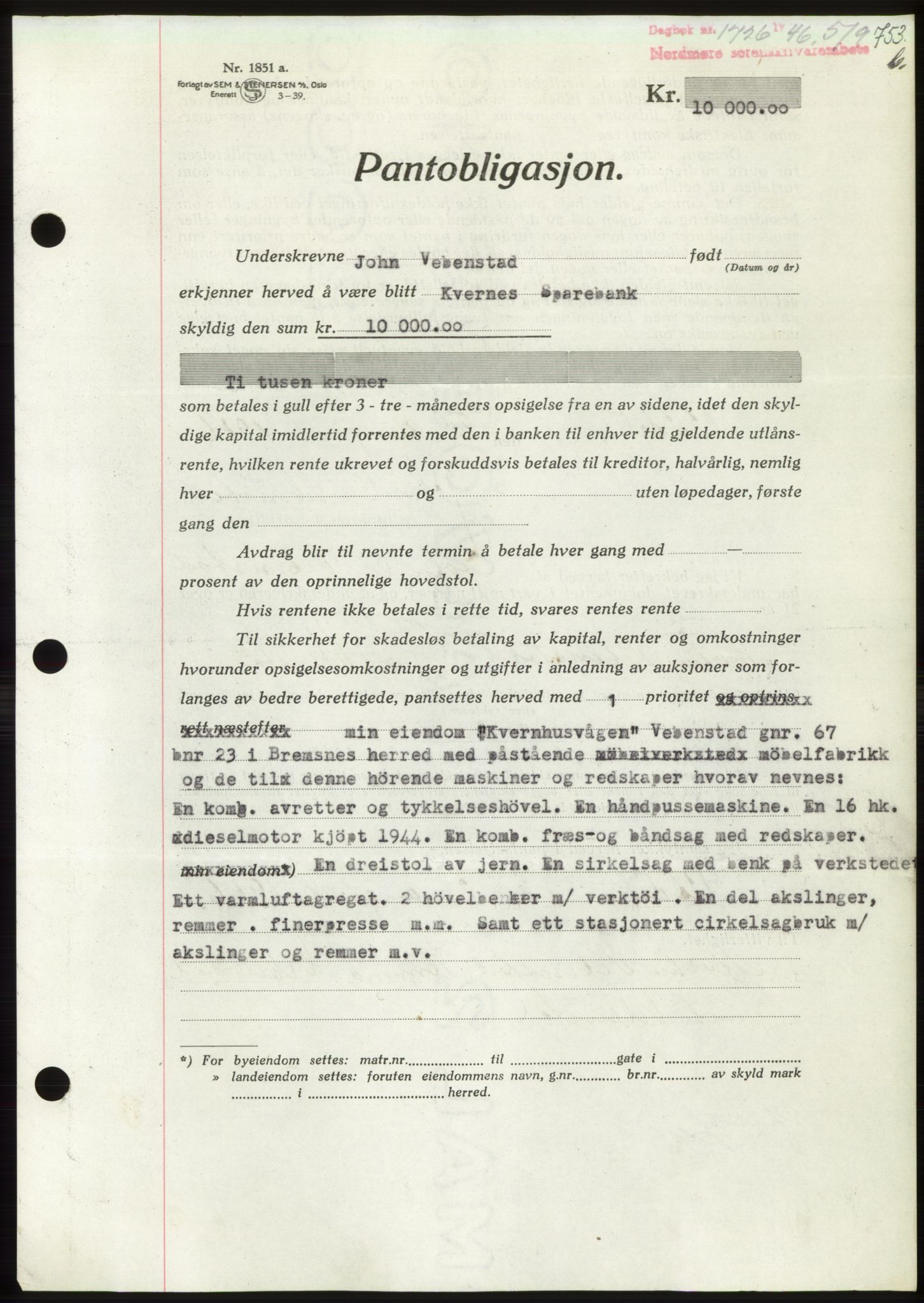 Nordmøre sorenskriveri, SAT/A-4132/1/2/2Ca: Pantebok nr. B94, 1946-1946, Dagboknr: 1726/1946