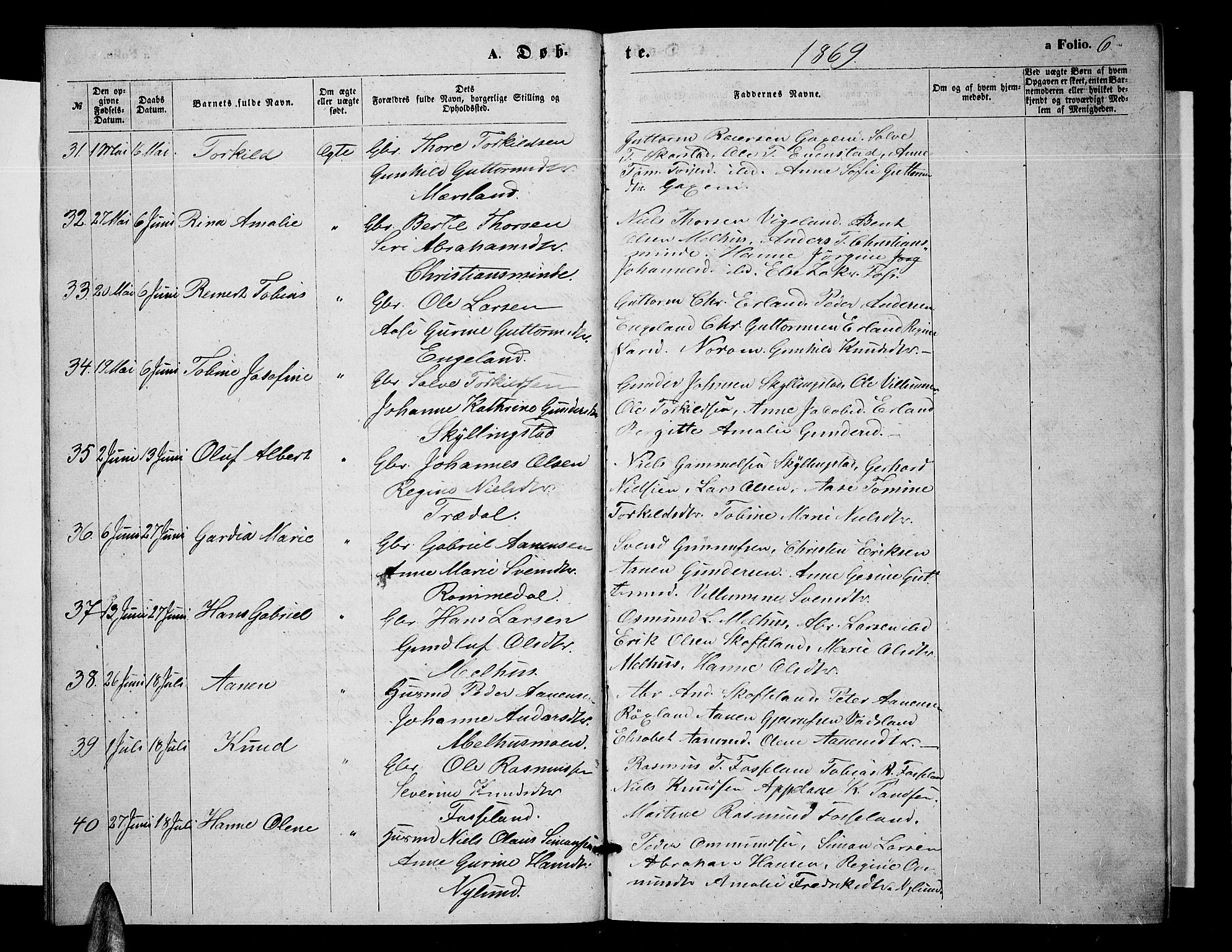 Sør-Audnedal sokneprestkontor, AV/SAK-1111-0039/F/Fb/Fbb/L0004: Klokkerbok nr. B 4, 1868-1879, s. 6