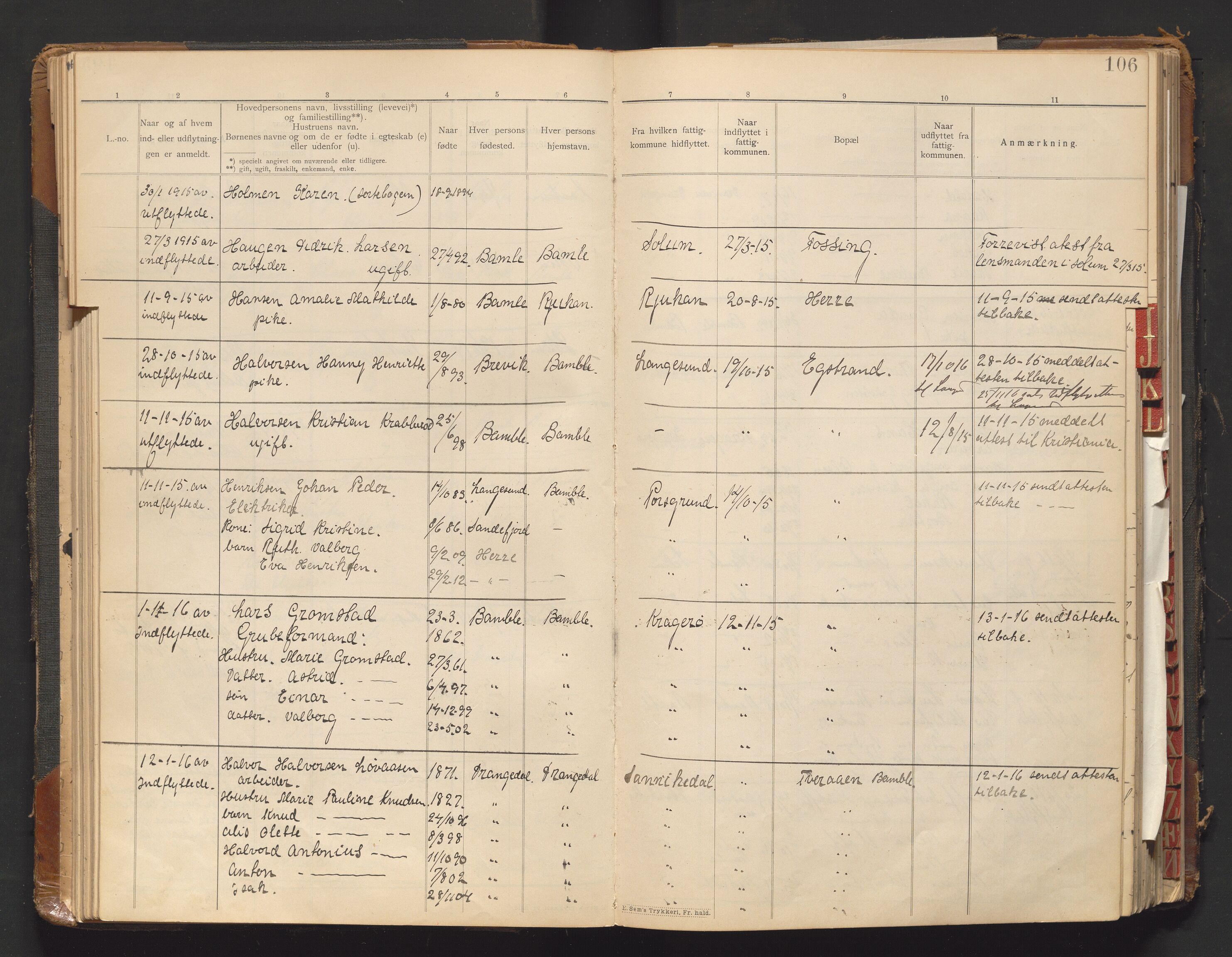Bamble lensmannskontor, AV/SAKO-A-552/O/Oa/L0001: Protokoll over inn- og utflyttede - Bamble, 1901-1933, s. 106