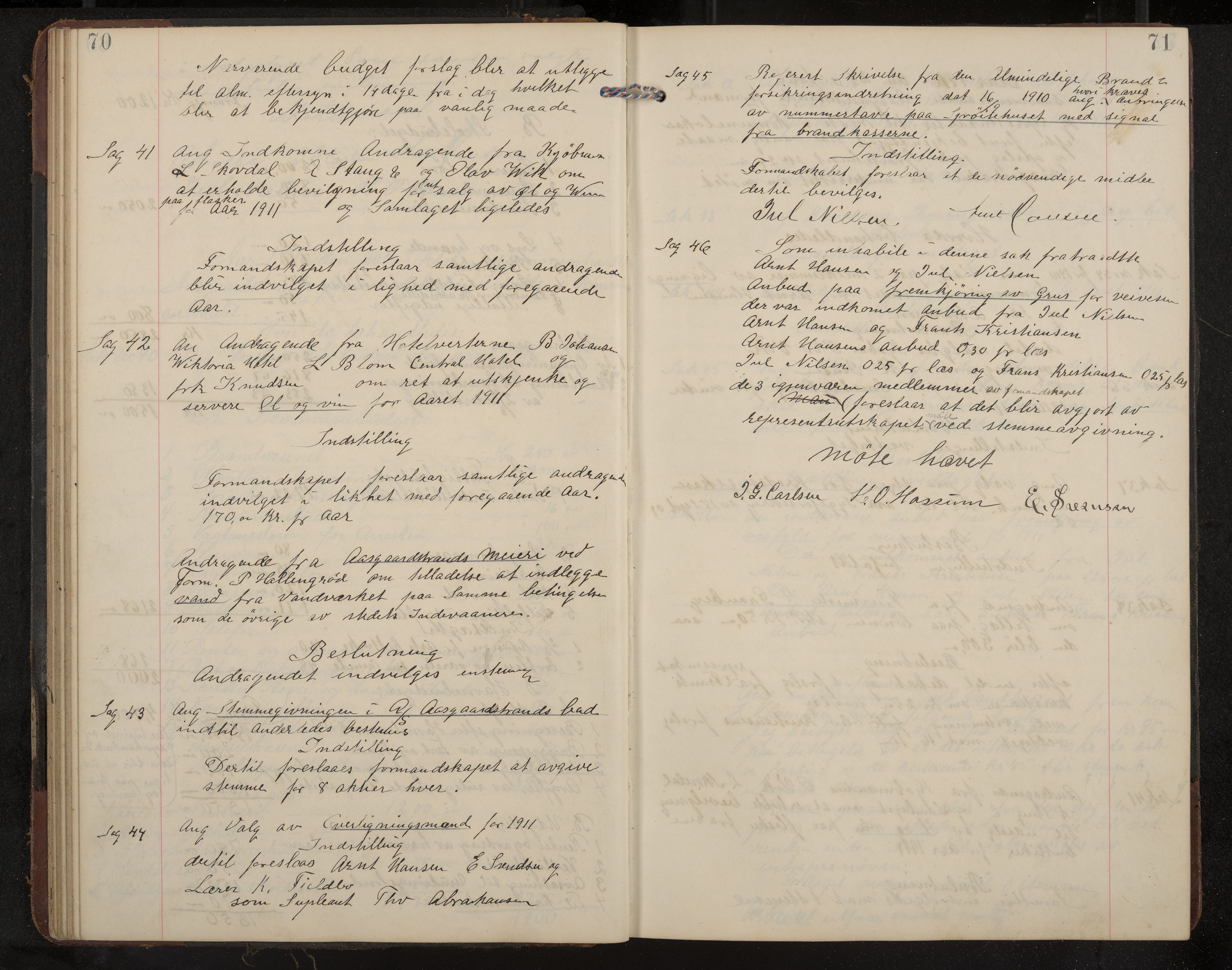 Åsgårdstrand formannskap og sentraladministrasjon, IKAK/0704021/A/L0004: Møtebok med register, 1908-1915, s. 70-71
