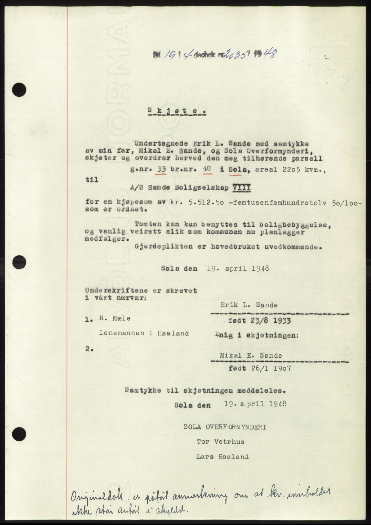Jæren sorenskriveri, SAST/A-100310/03/G/Gba/L0098: Pantebok, 1948-1948, Dagboknr: 2035/1948