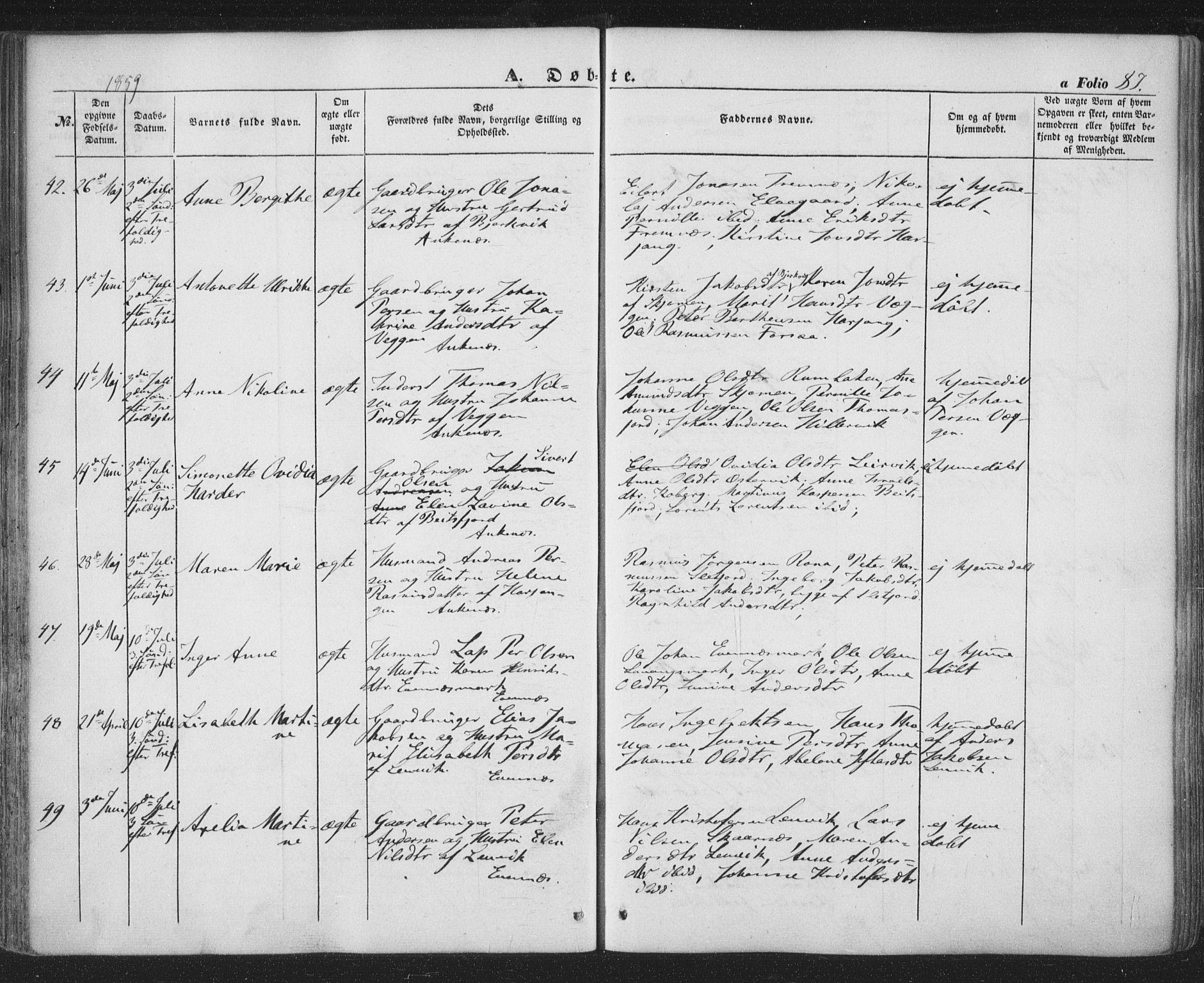 Ministerialprotokoller, klokkerbøker og fødselsregistre - Nordland, SAT/A-1459/863/L0895: Ministerialbok nr. 863A07, 1851-1860, s. 87