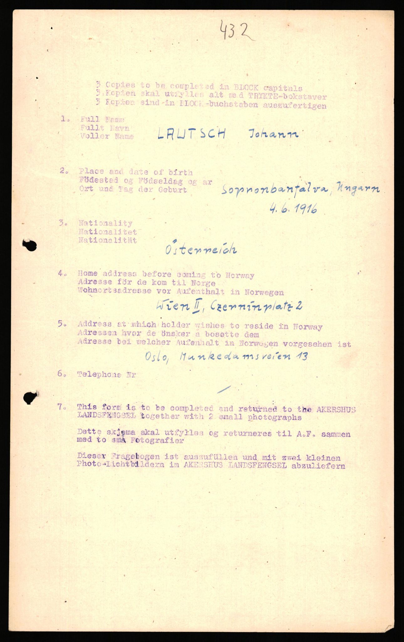 Forsvaret, Forsvarets overkommando II, RA/RAFA-3915/D/Db/L0039: CI Questionaires. Tyske okkupasjonsstyrker i Norge. Østerrikere., 1945-1946, s. 274