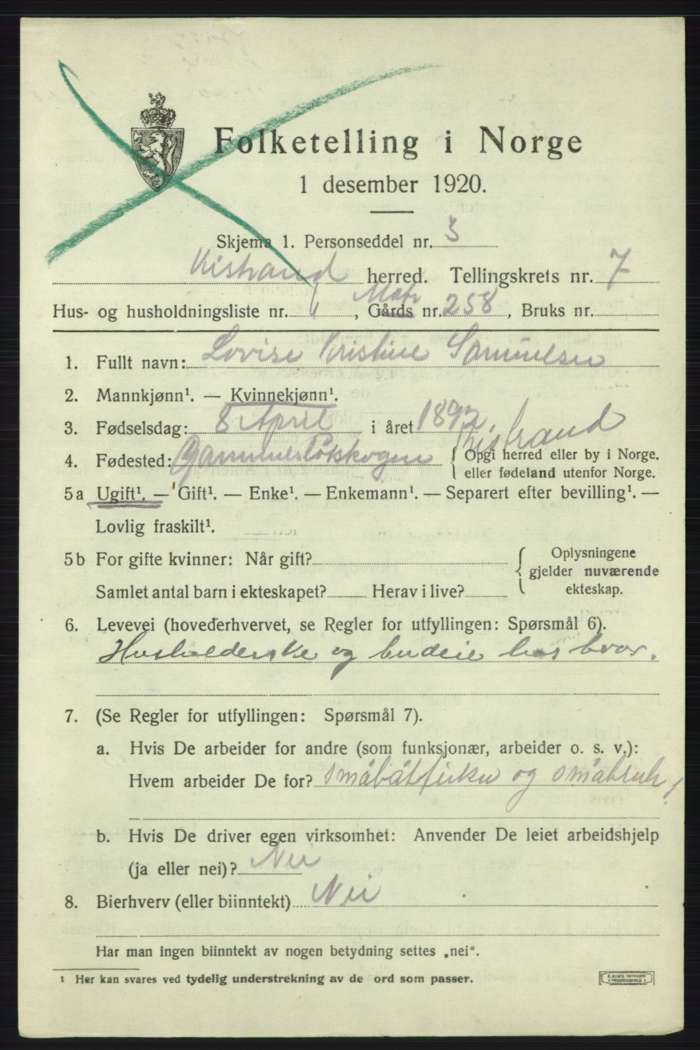 SATØ, Folketelling 1920 for 2020 Kistrand herred, 1920, s. 4312