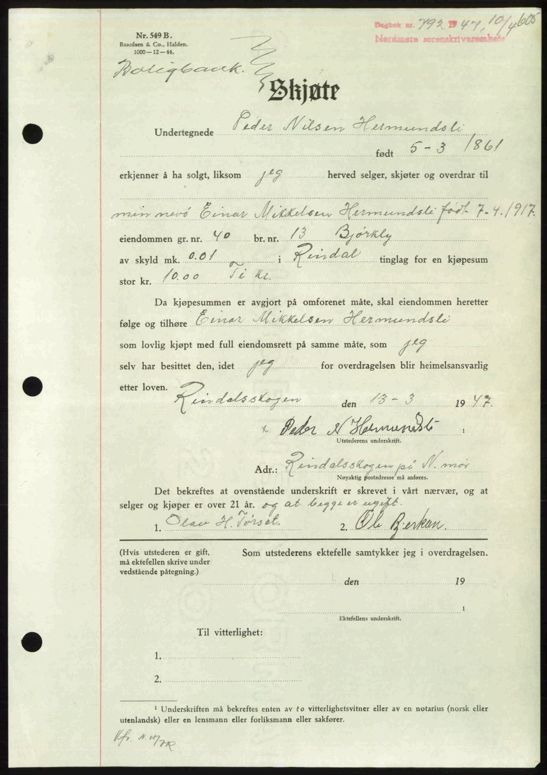 Nordmøre sorenskriveri, SAT/A-4132/1/2/2Ca: Pantebok nr. A104, 1947-1947, Dagboknr: 792/1947