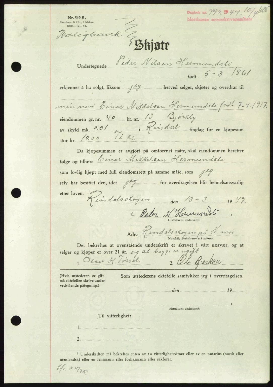 Nordmøre sorenskriveri, AV/SAT-A-4132/1/2/2Ca: Pantebok nr. A104, 1947-1947, Dagboknr: 792/1947