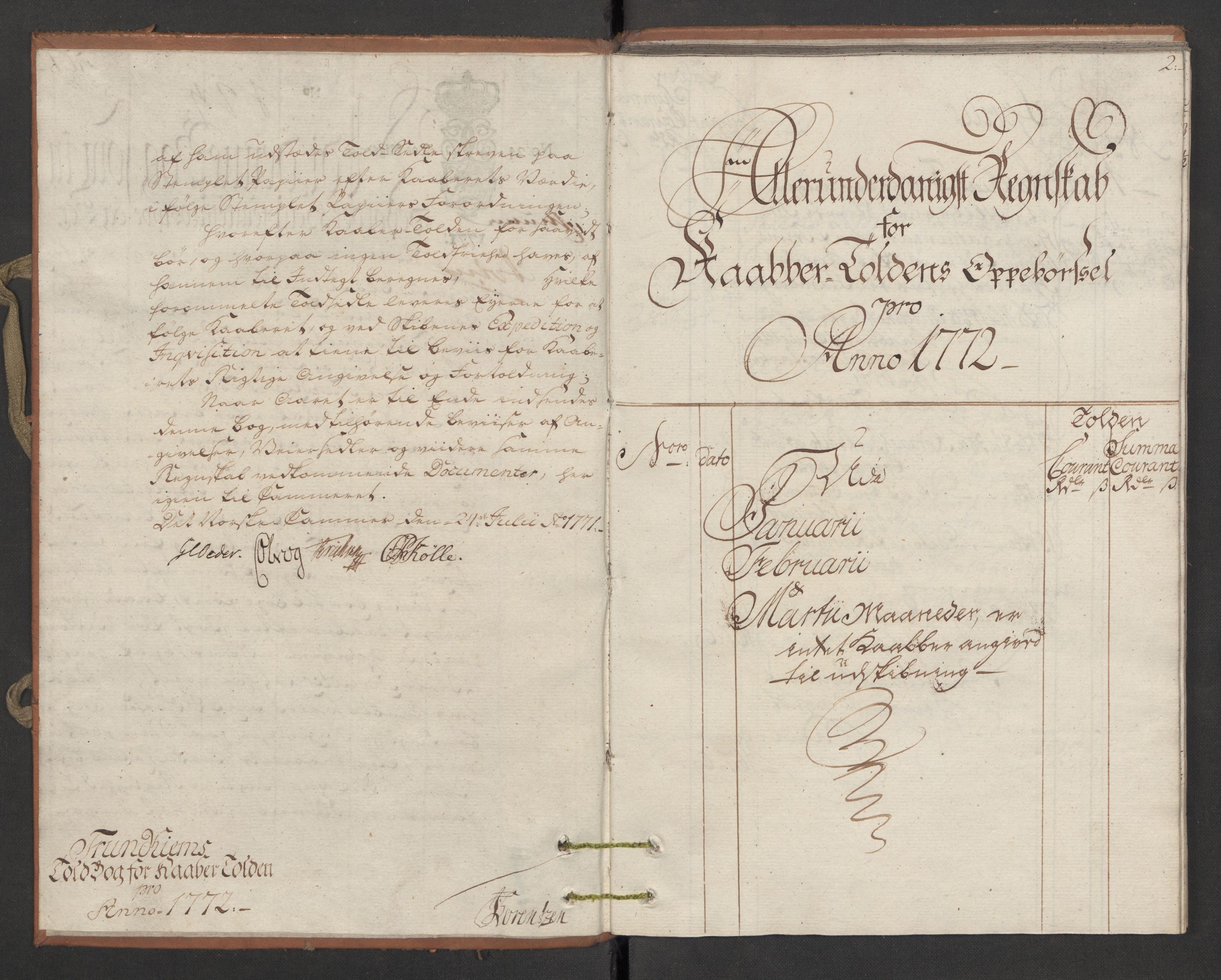 Generaltollkammeret, tollregnskaper, AV/RA-EA-5490/R34/L0022/0001: Koppertollregnskaper Trondheim B / Tollbok for koppertollen, 1772