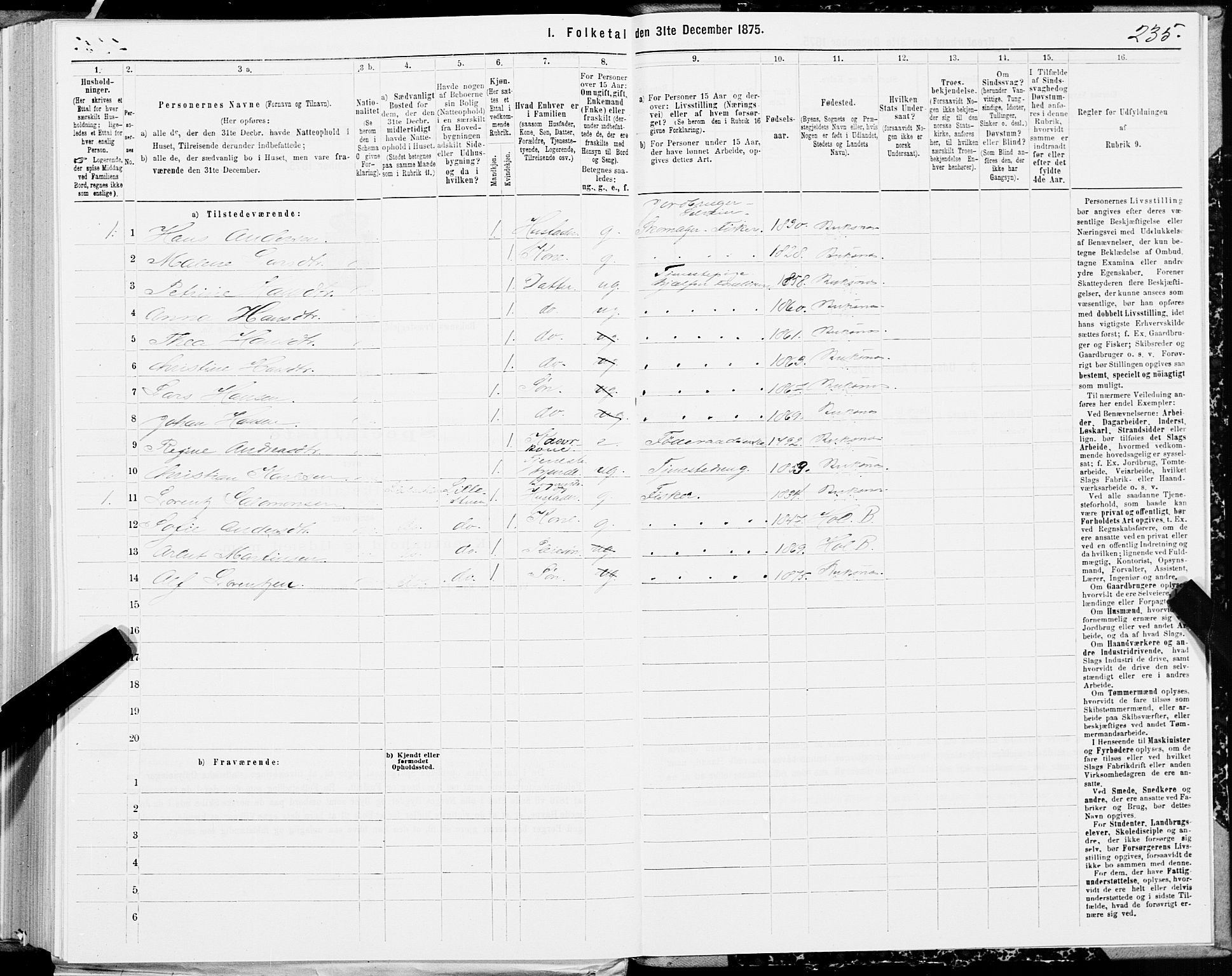 SAT, Folketelling 1875 for 1860P Buksnes prestegjeld, 1875, s. 1235